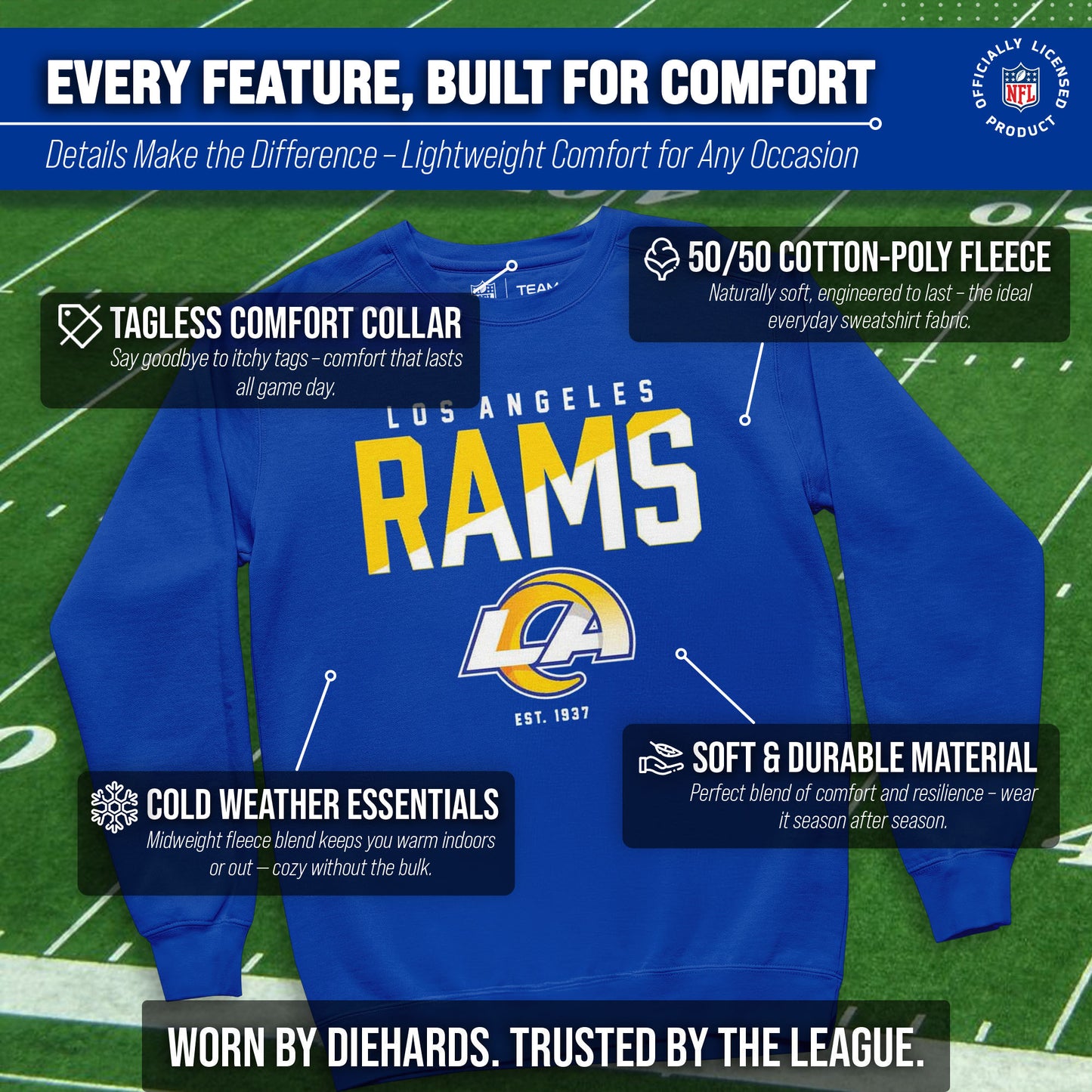 Los Angeles Rams Adult NFL Diagonal Fade Color Block Crewneck Sweatshirt - Royal