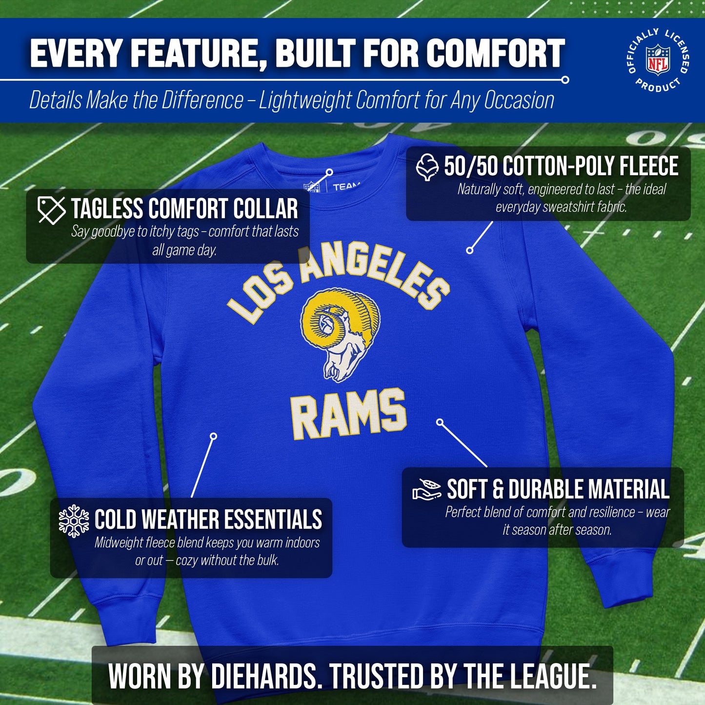 Los Angeles Rams NFL Adult Unisex Retro Gameday Ultra Soft Fleece Crewneck Sweatshirt - Royal
