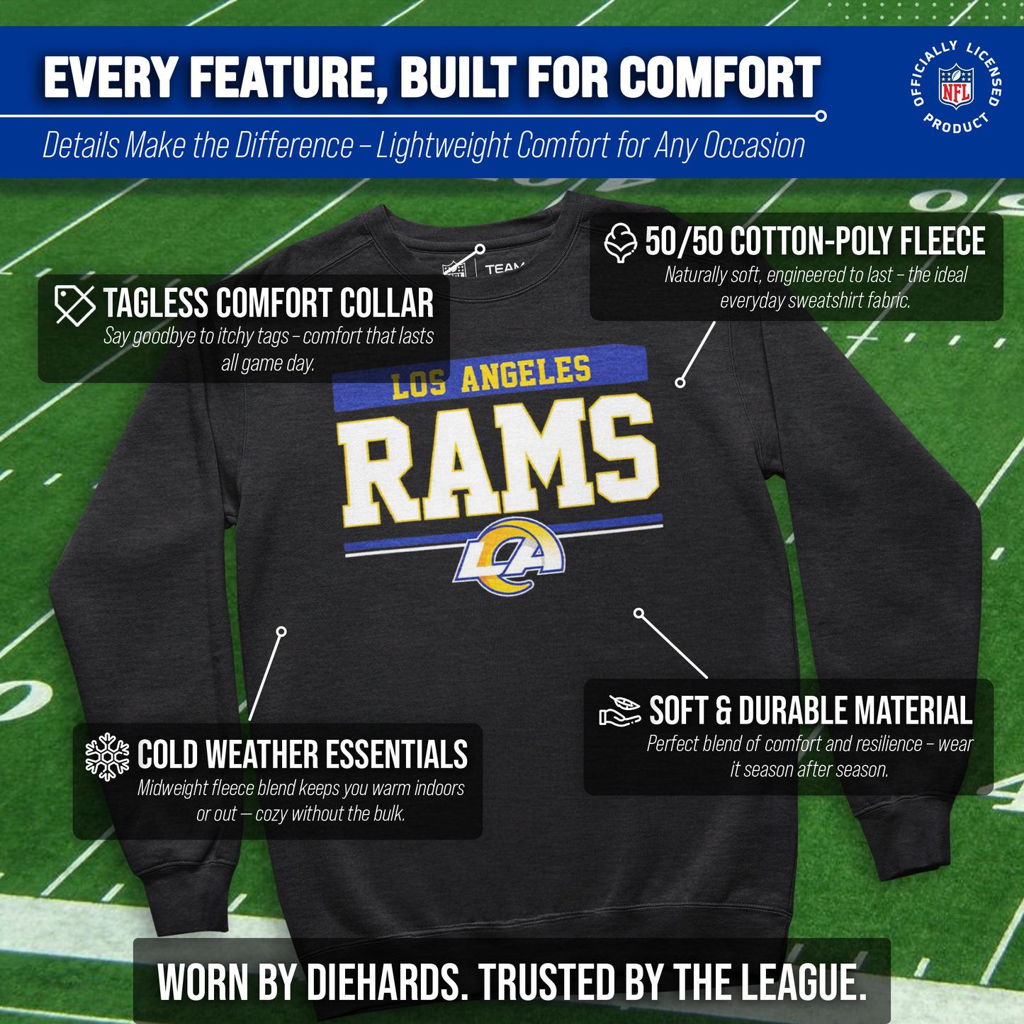 Los Angeles Rams NFL Adult Long Sleeve Team Block Charcoal Crewneck Sweatshirt - Charcoal