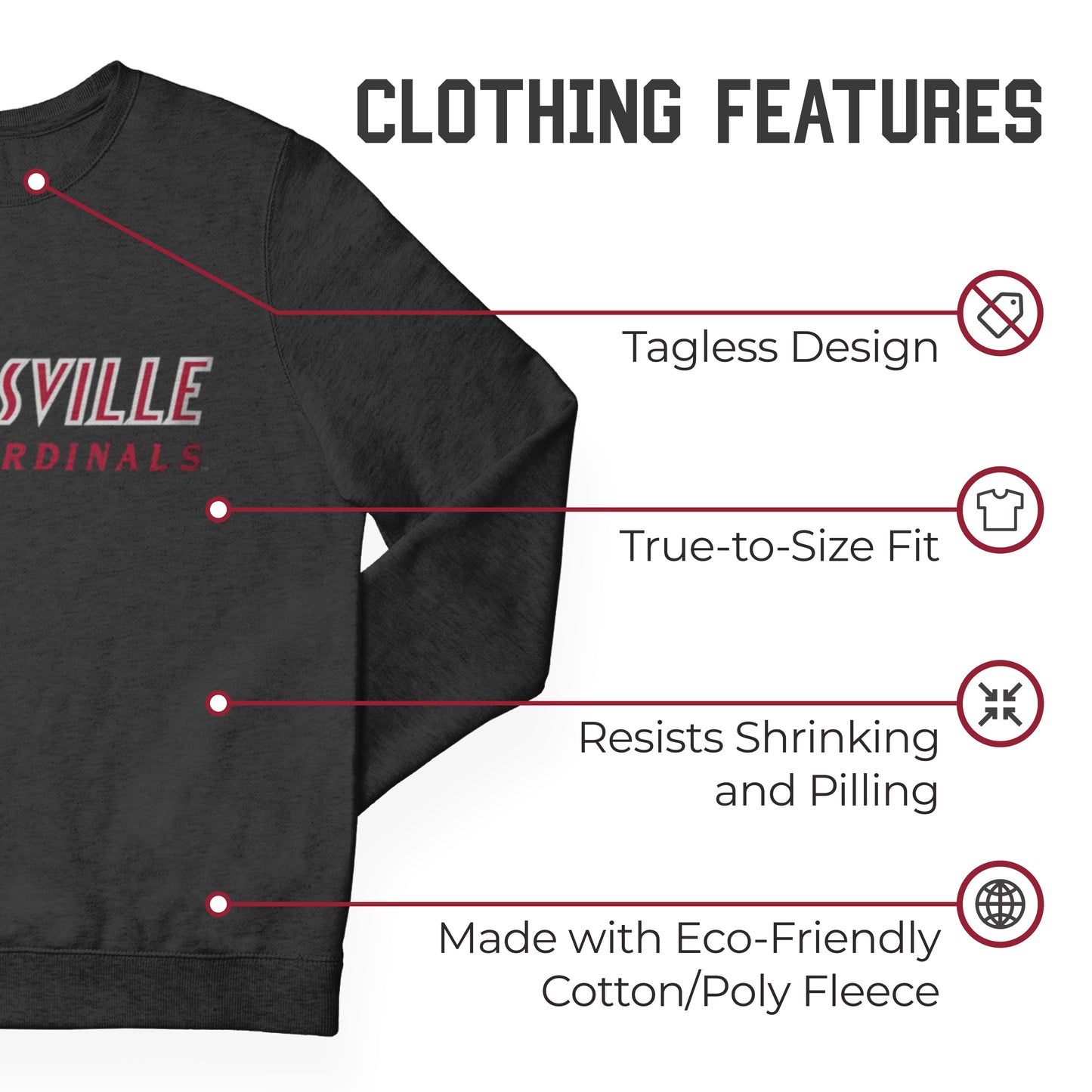 Louisville Cardinals NCAA Adult Charcoal Crewneck Fleece Sweatshirt - Charcoal