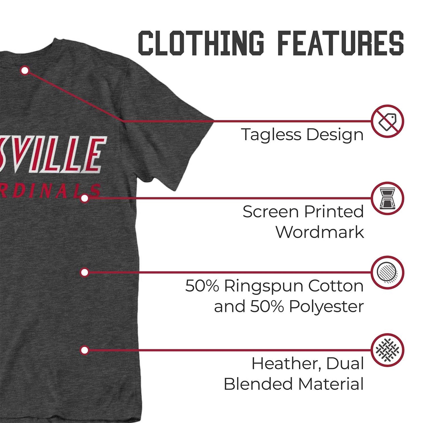Louisville Cardinals Campus Colors NCAA Adult Cotton Blend Charcoal Tagless T-Shirt - Charcoal