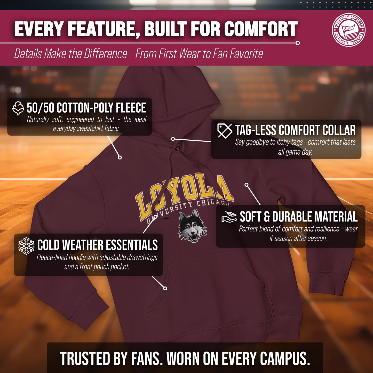 Loyola Chicago Ramblers Adult Arch & Logo Soft Style Gameday Hooded Sweatshirt - Maroon