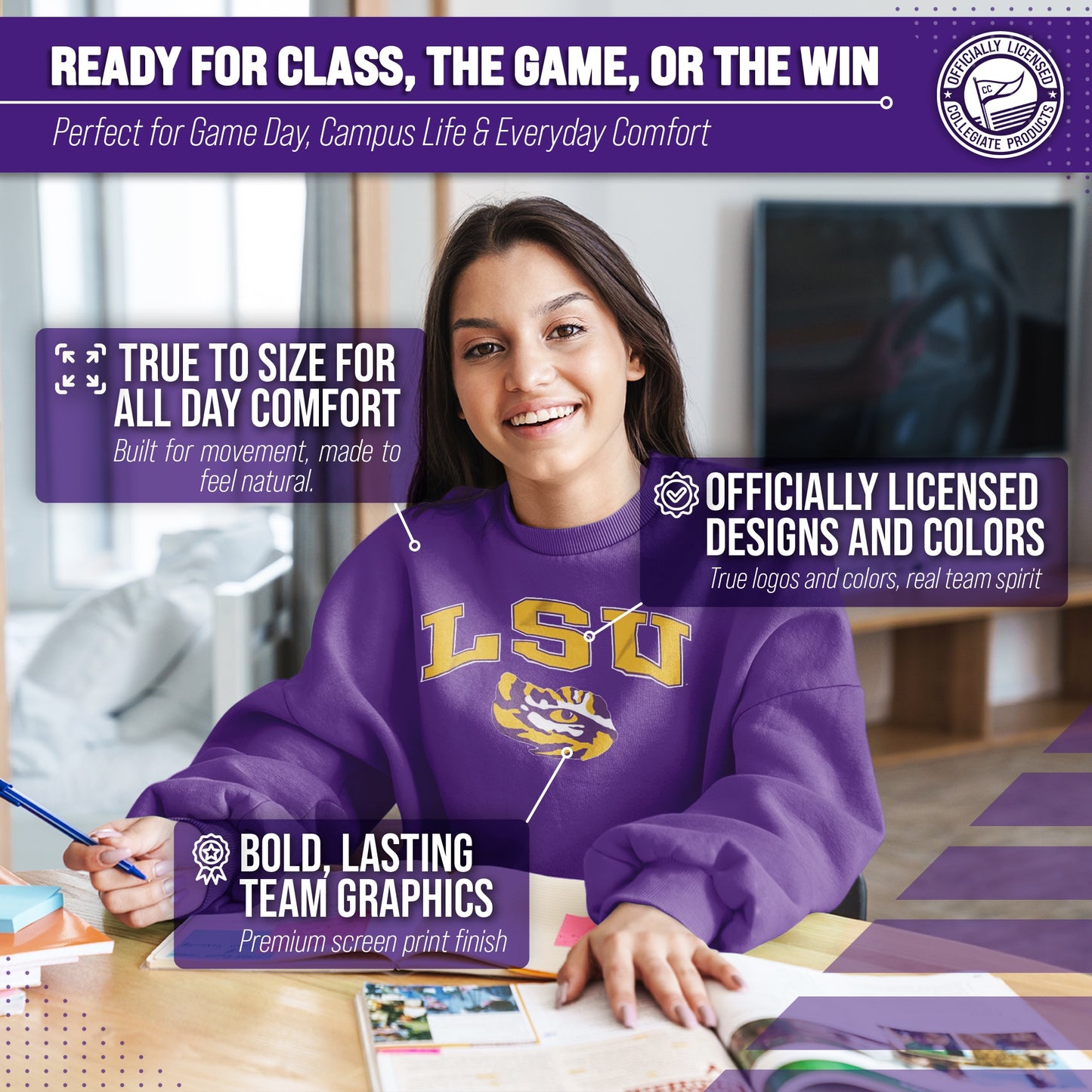 LSU Tigers Adult Arch & Logo Soft Style Gameday Crewneck Sweatshirt - Purple