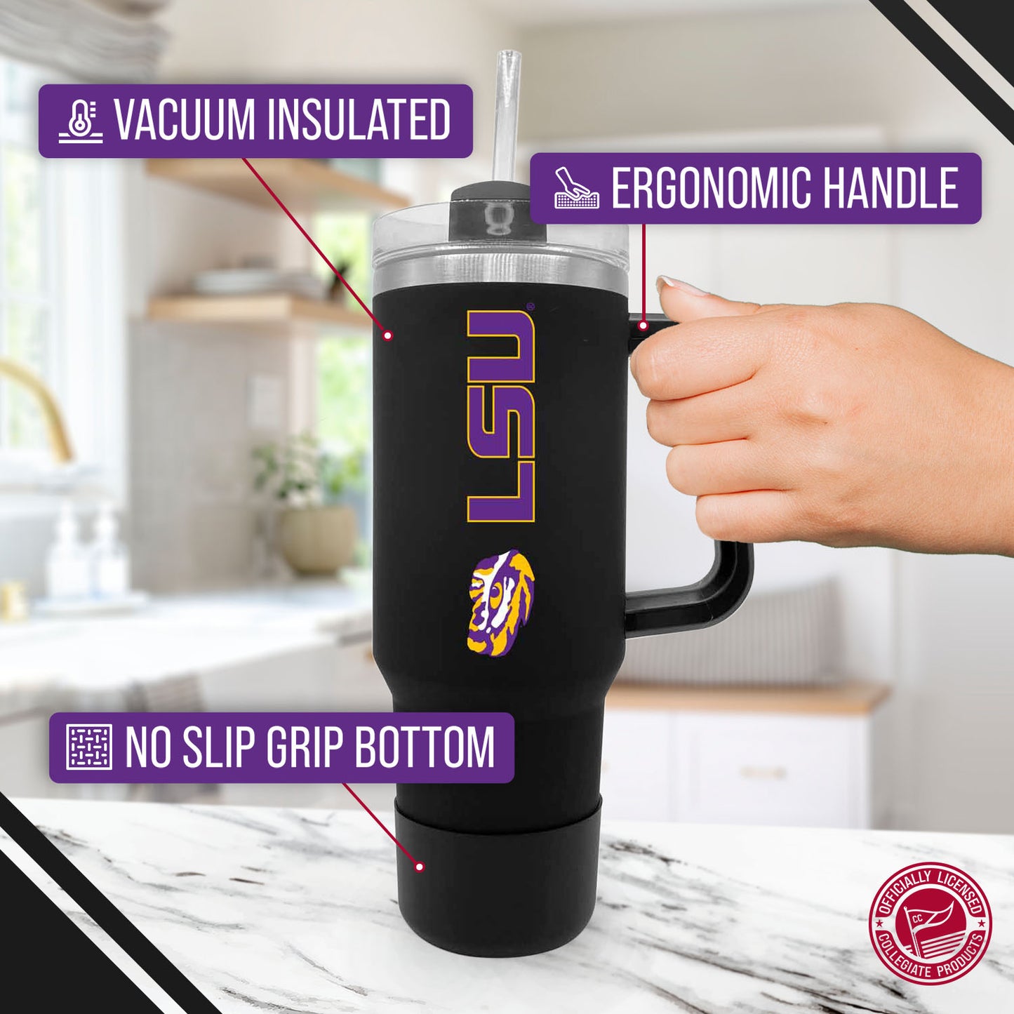 LSU Tigers College & University 40 oz Travel Tumbler With Handle - Black