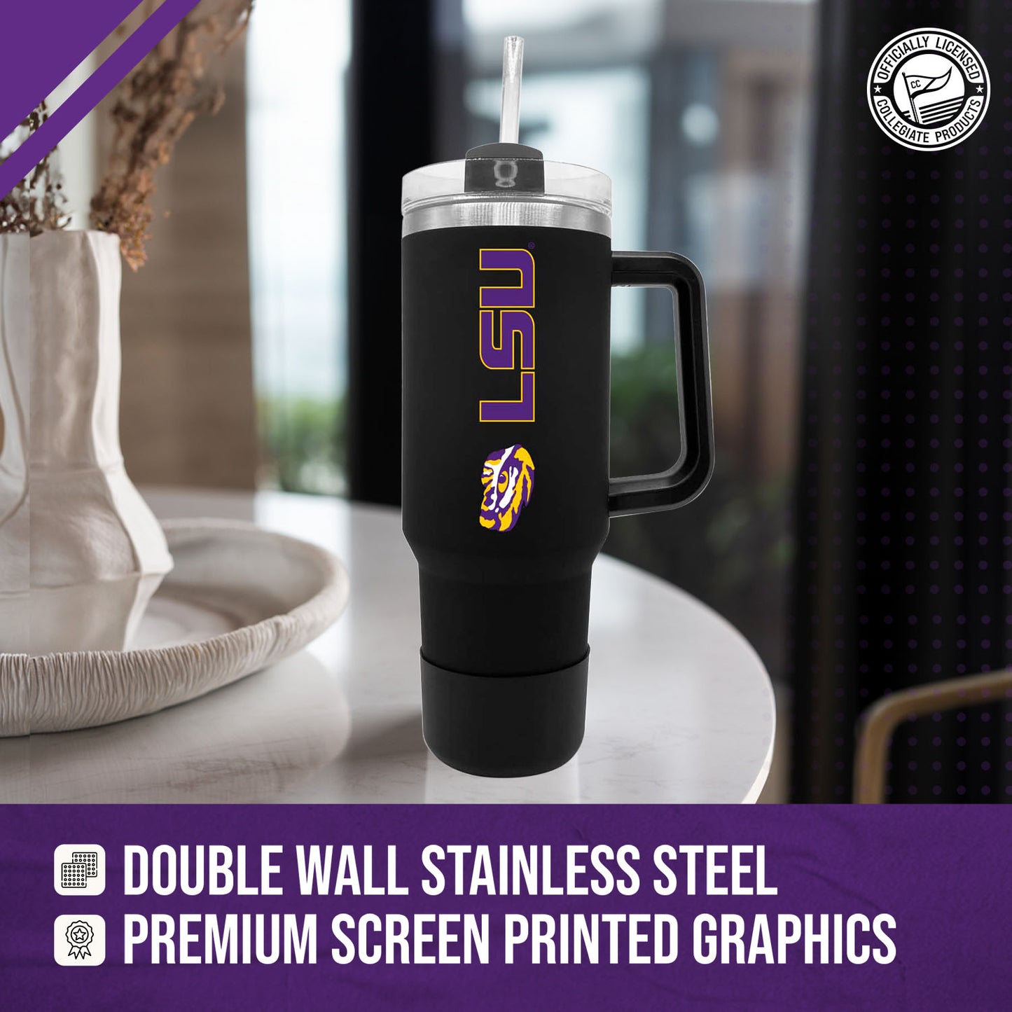 LSU Tigers College & University 40 oz Travel Tumbler With Handle - Black