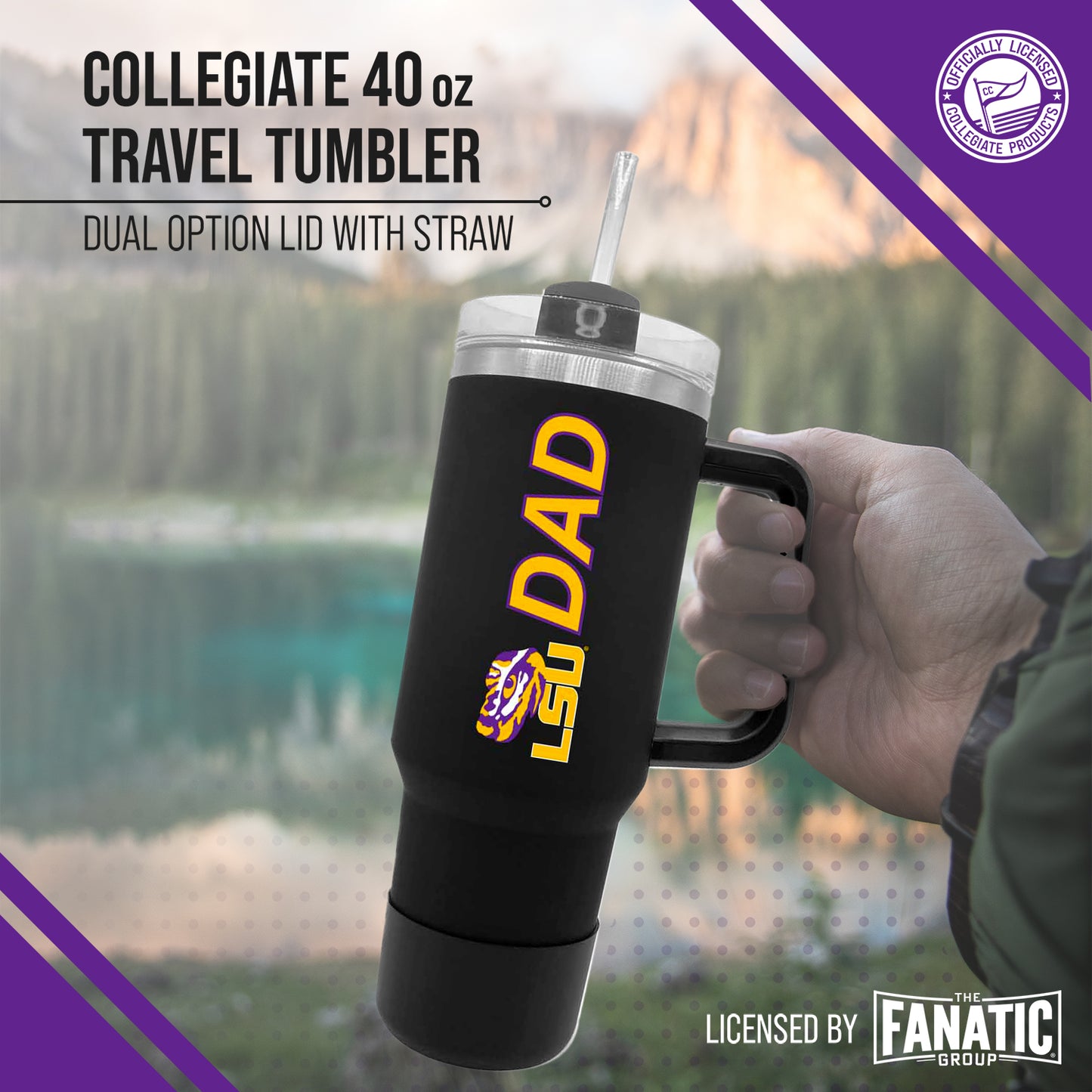 LSU Tigers Collegiate 40oz Stainless Steel Travel Tumbler with Handle for Dad - Black