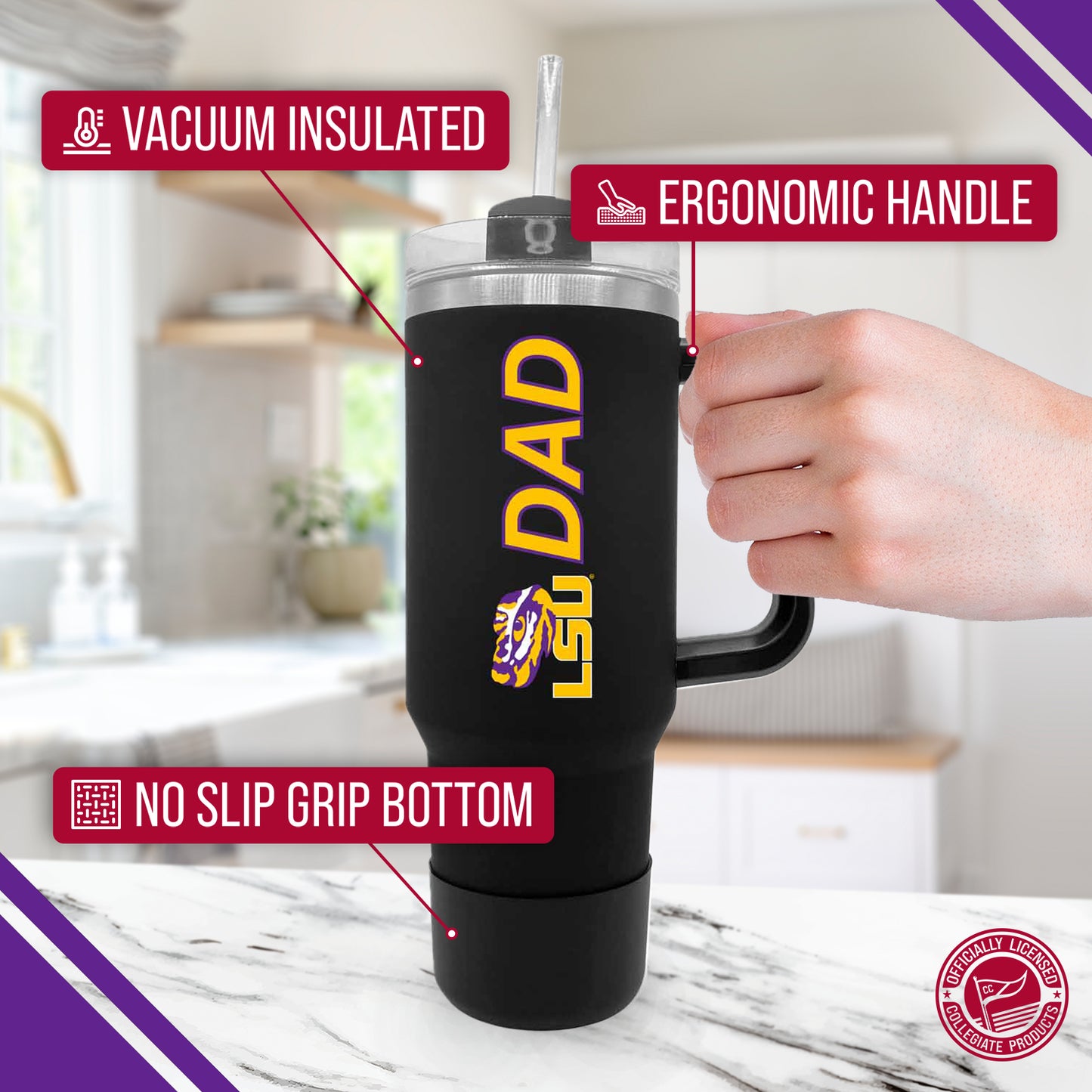 LSU Tigers Collegiate 40oz Stainless Steel Travel Tumbler with Handle for Dad - Black
