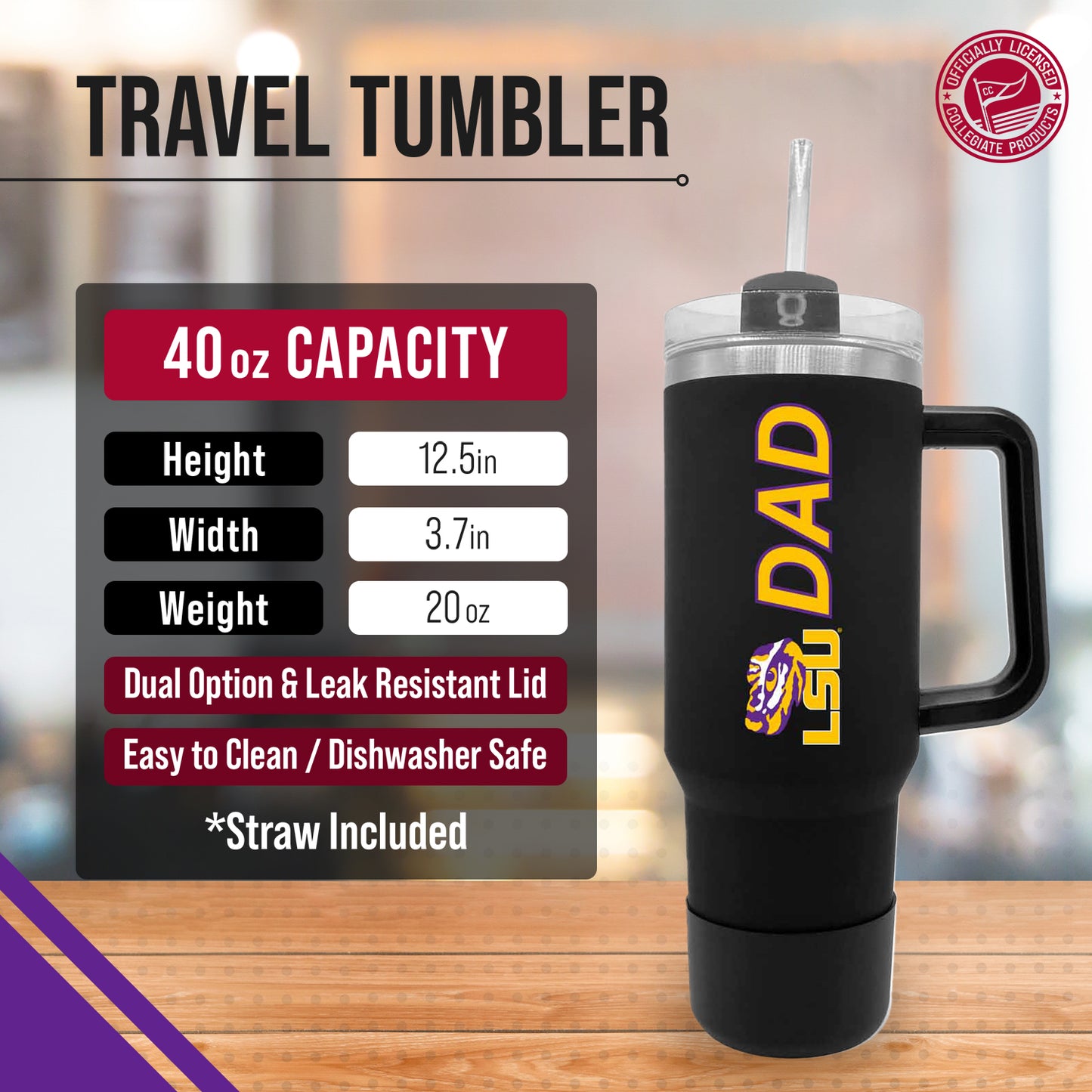 LSU Tigers Collegiate 40oz Stainless Steel Travel Tumbler with Handle for Dad - Black