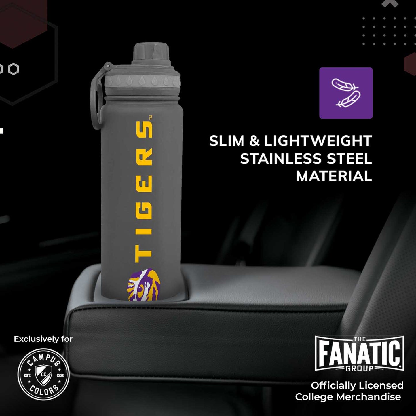 LSU Tigers NCAA Stainless Steel Water Bottle - Sport Gray