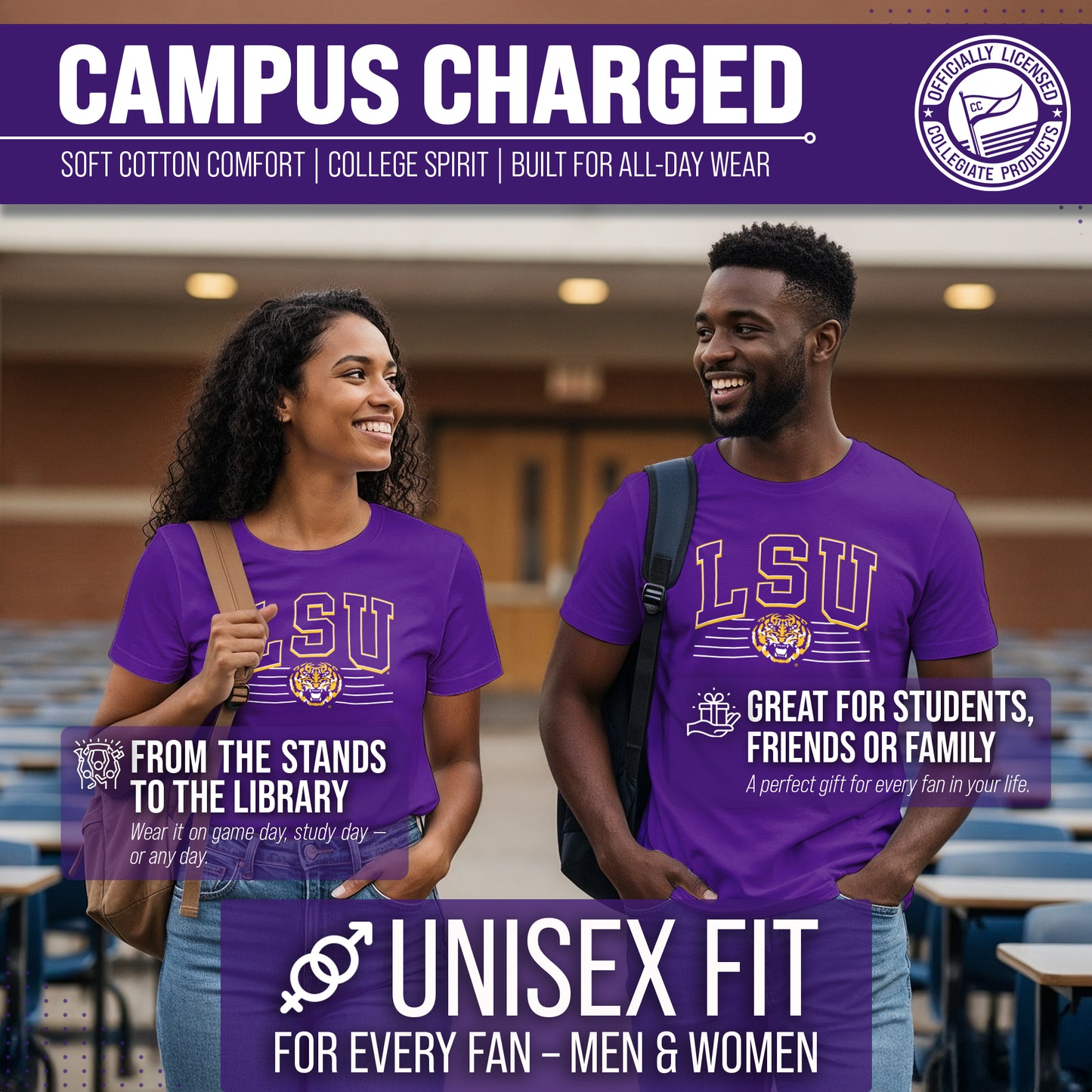 LSU Tigers NCAA Adult Unisex Overtime Classics T-Shirt - Purple
