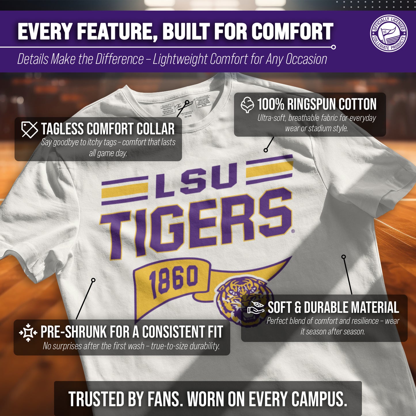 LSU Tigers NCAA Adult Unisex Varsity Club Pennant T-Shirt Tag-Less - Off White