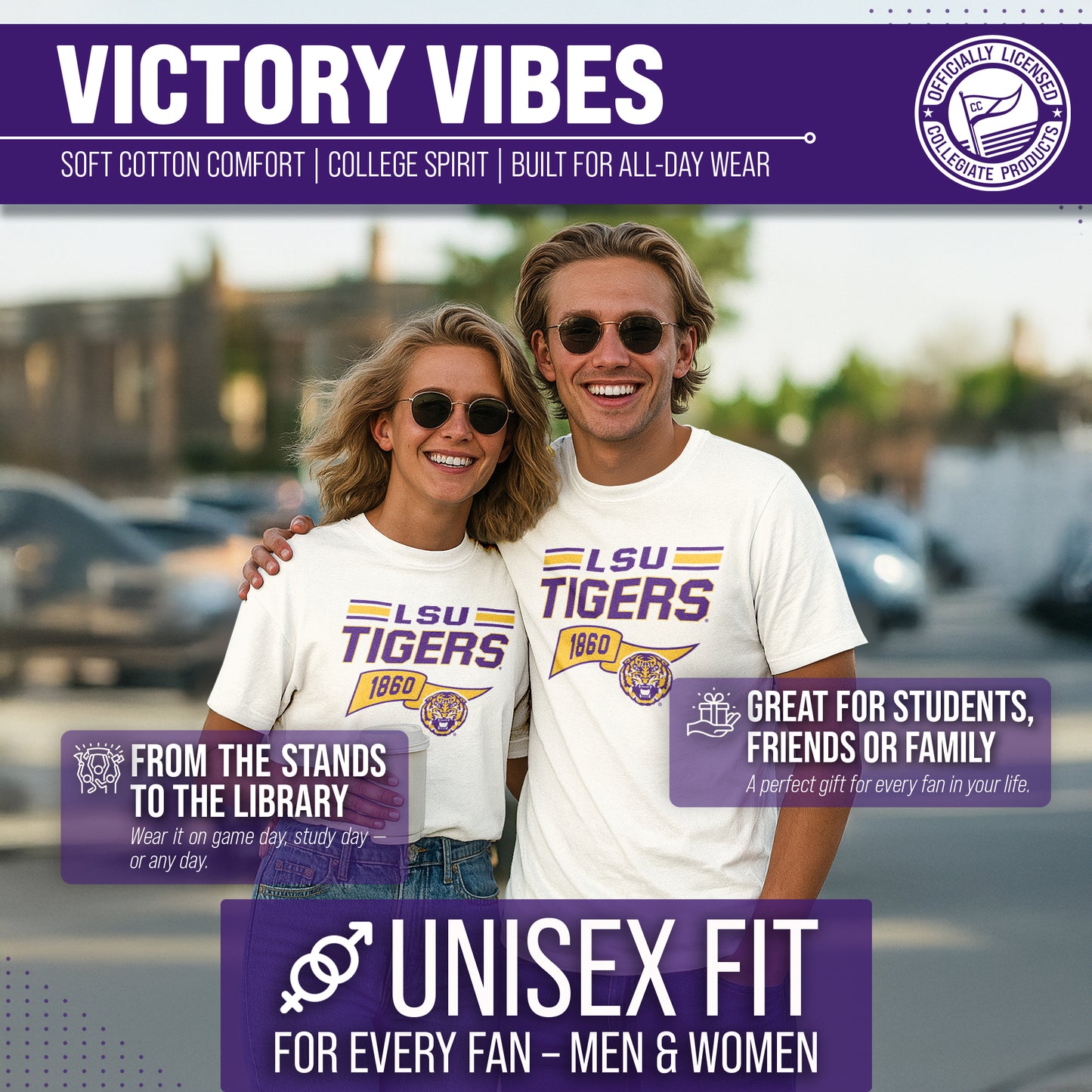 LSU Tigers NCAA Adult Unisex Varsity Club Pennant T-Shirt Tag-Less - Off White