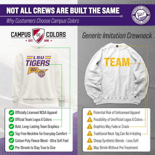 LSU Tigers NCAA Adult Unisex Varsity Club Pennant Crewneck Fleece Sweatshirt - Off White