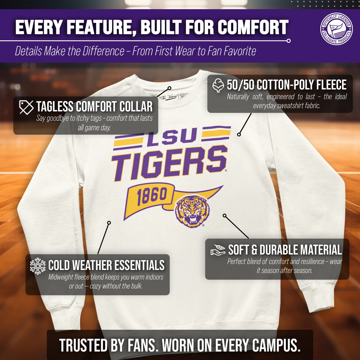 LSU Tigers NCAA Adult Unisex Varsity Club Pennant Crewneck Fleece Sweatshirt - Off White