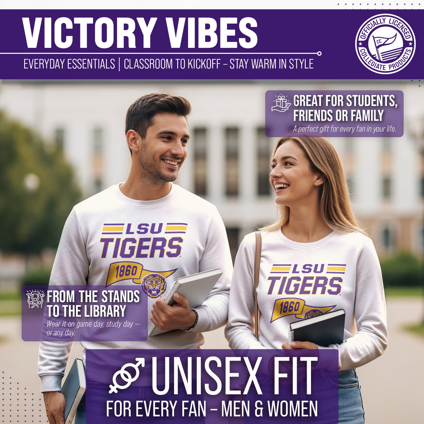 LSU Tigers NCAA Adult Unisex Varsity Club Pennant Crewneck Fleece Sweatshirt - Off White