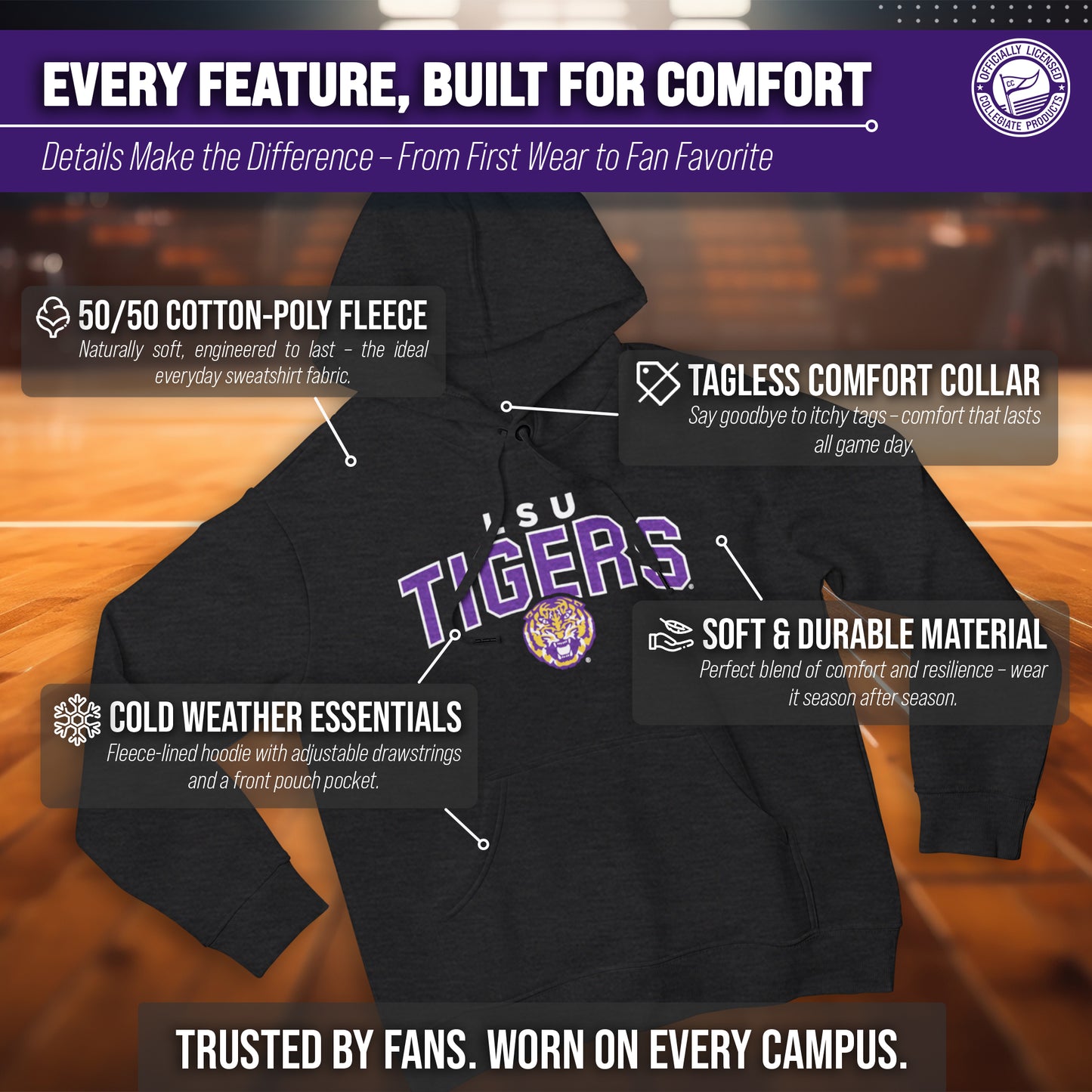 LSU Tigers NCAA Adult Unisex Starting Fresh Heathered Hooded Fleece Sweatshirt - Black Heather