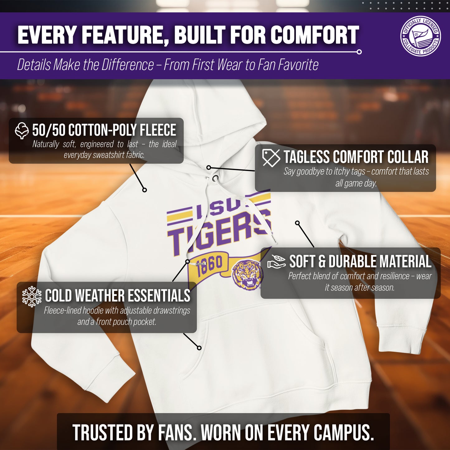 LSU Tigers NCAA Adult Unisex Varsity Club Pennant Hooded Fleece Sweatshirt - Off White