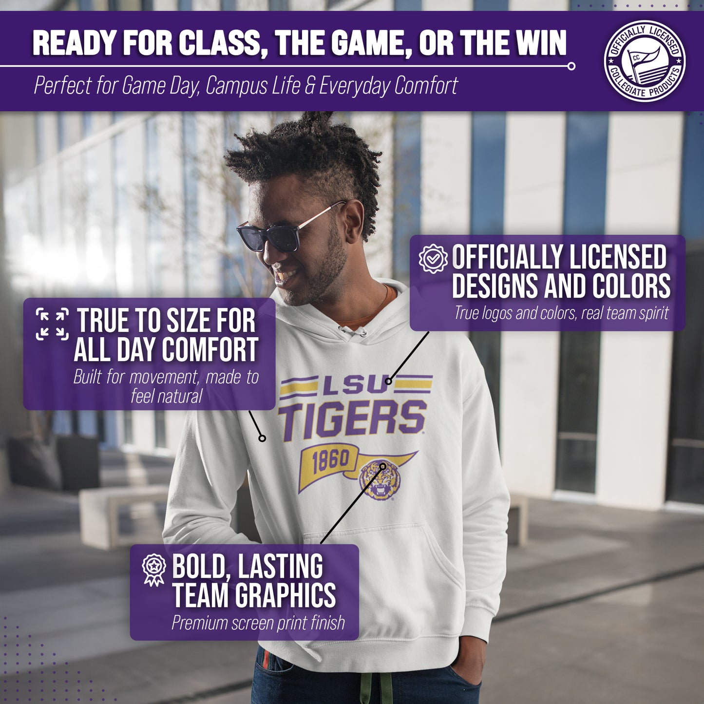 LSU Tigers NCAA Adult Unisex Varsity Club Pennant Hooded Fleece Sweatshirt - Off White