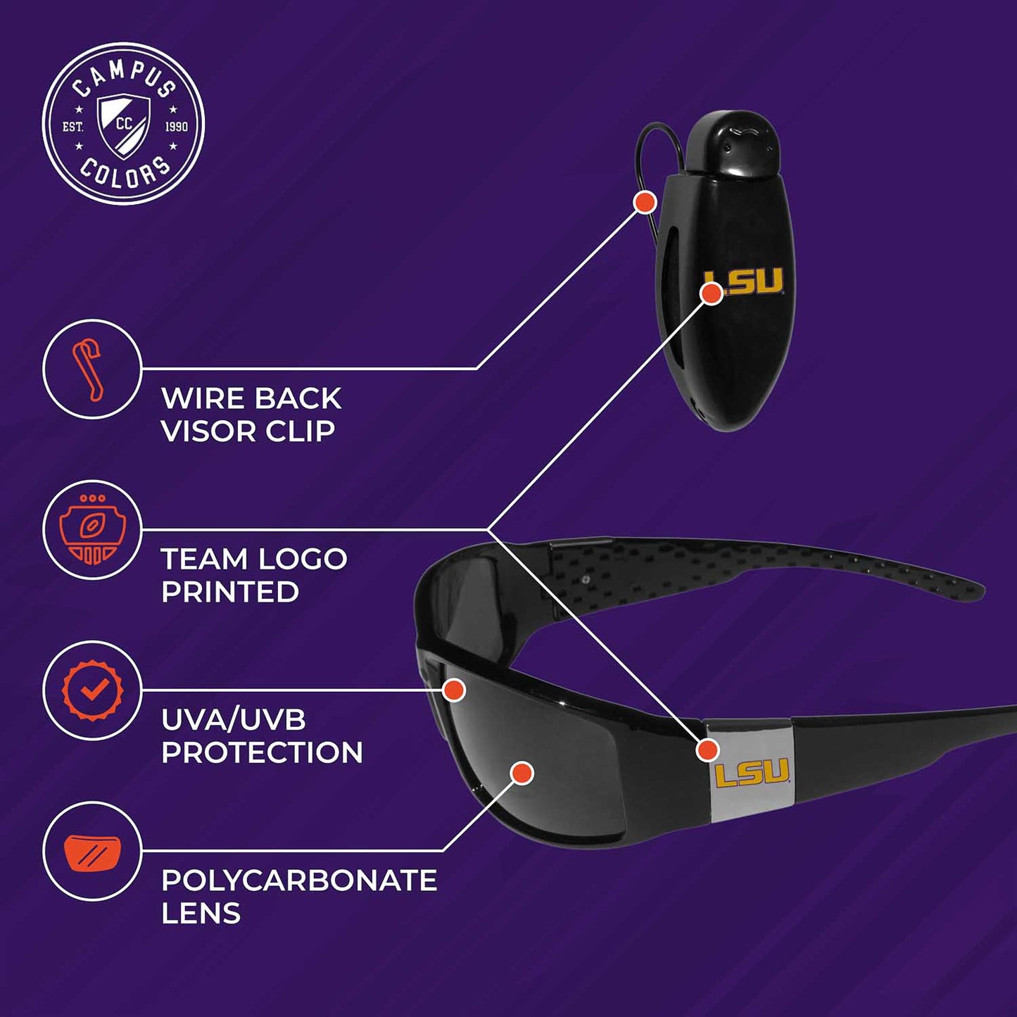 LSU Tigers NCAA Black Chrome Sunglasses with Visor Clip Bundle - Black