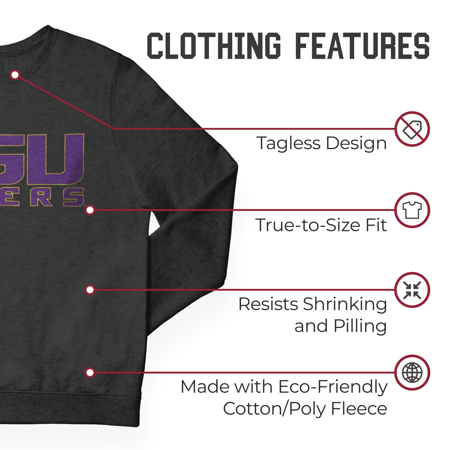 LSU Tigers NCAA Adult Charcoal Crewneck Fleece Sweatshirt - Charcoal