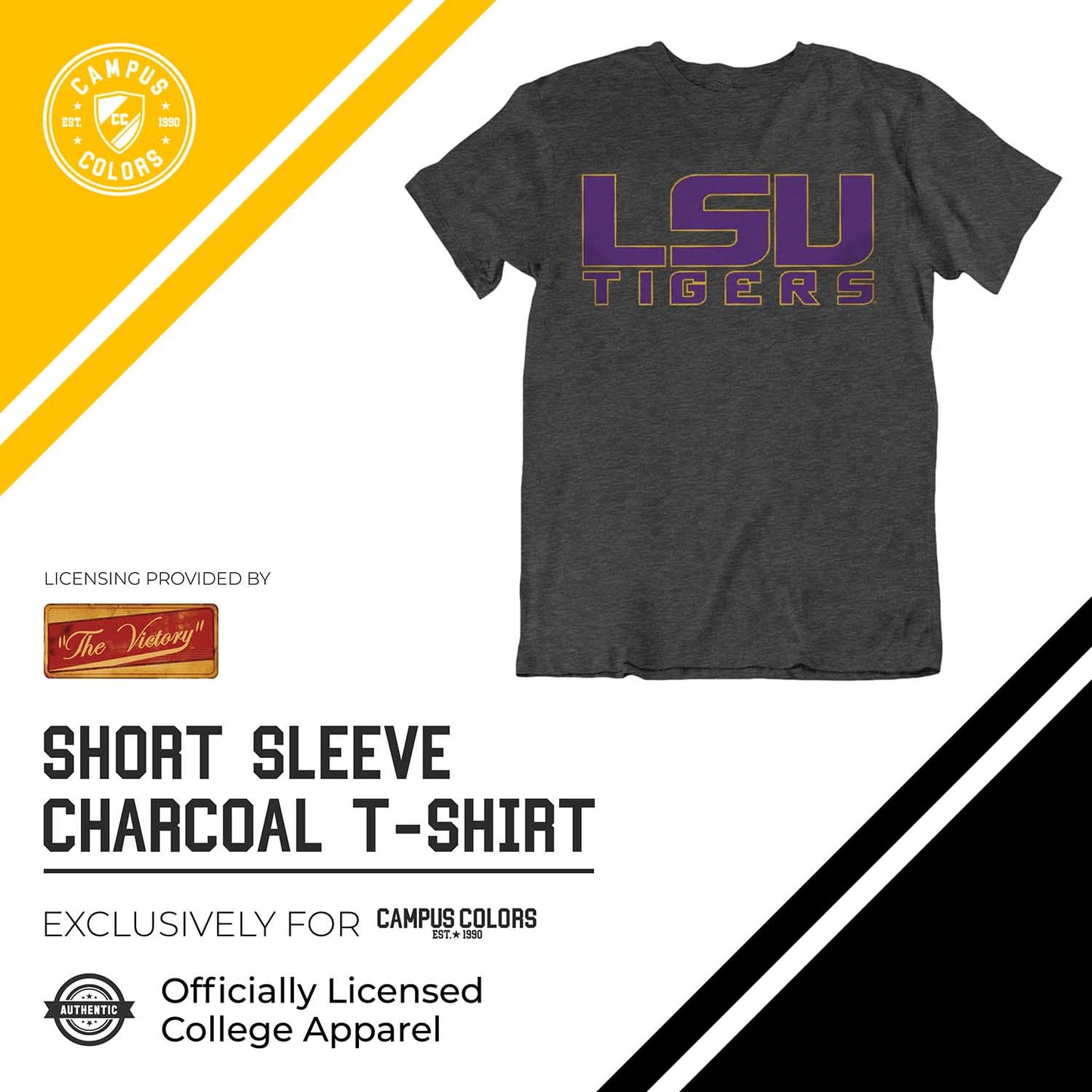 LSU Tigers Campus Colors NCAA Adult Cotton Blend Charcoal Tagless T-Shirt - Charcoal