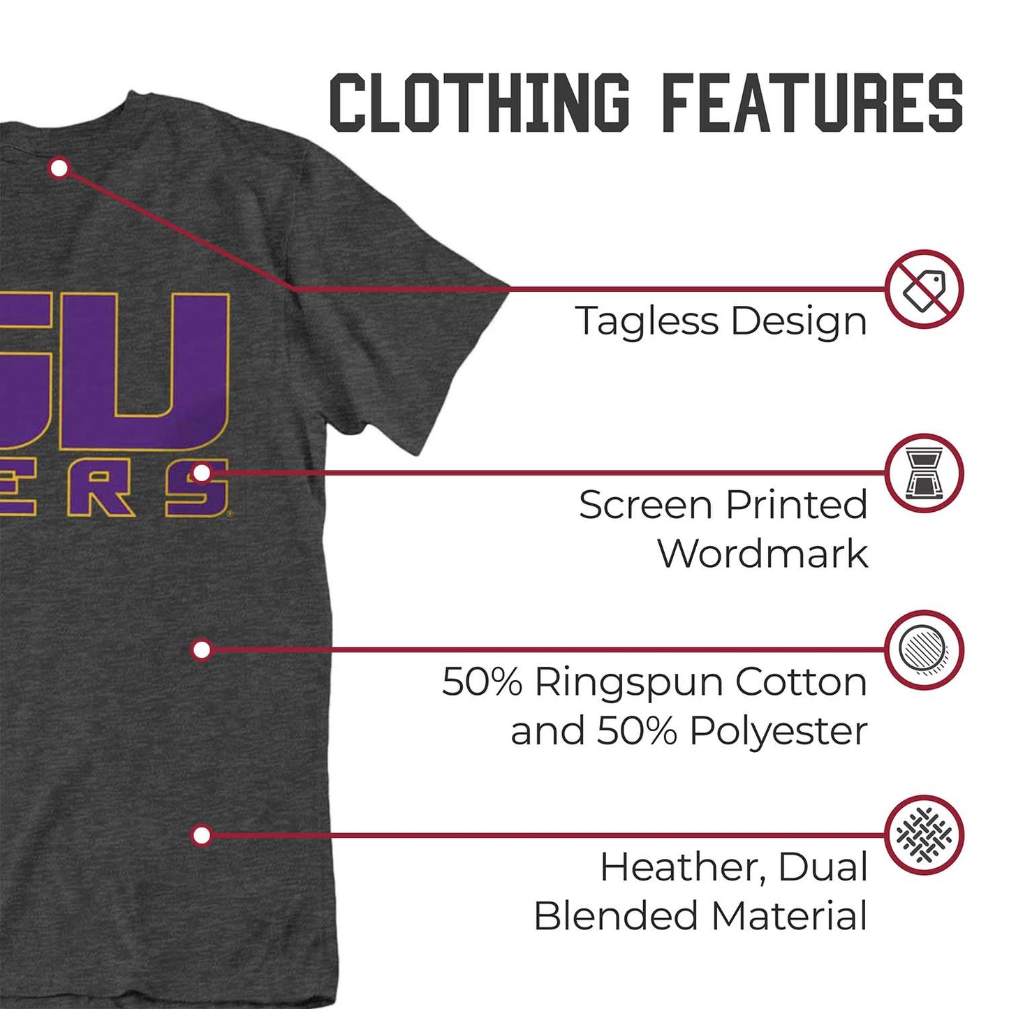 LSU Tigers Campus Colors NCAA Adult Cotton Blend Charcoal Tagless T-Shirt - Charcoal