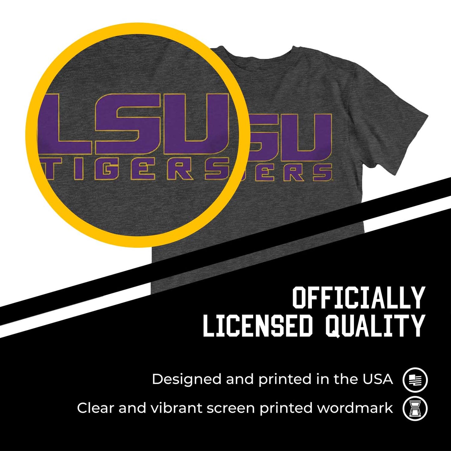 LSU Tigers Campus Colors NCAA Adult Cotton Blend Charcoal Tagless T-Shirt - Charcoal