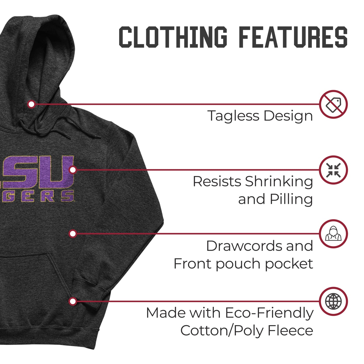 LSU Tigers NCAA Adult Cotton Blend Charcoal Hooded Sweatshirt - Charcoal