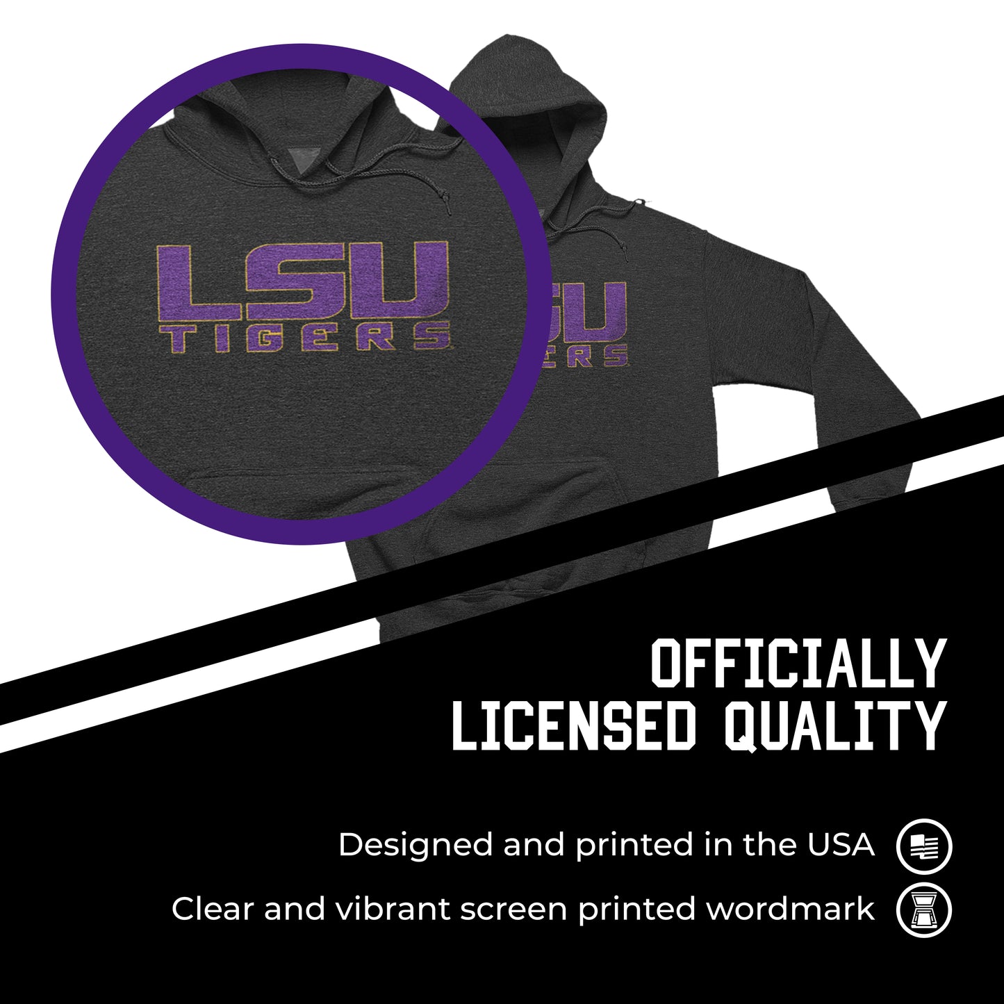 LSU Tigers NCAA Adult Cotton Blend Charcoal Hooded Sweatshirt - Charcoal