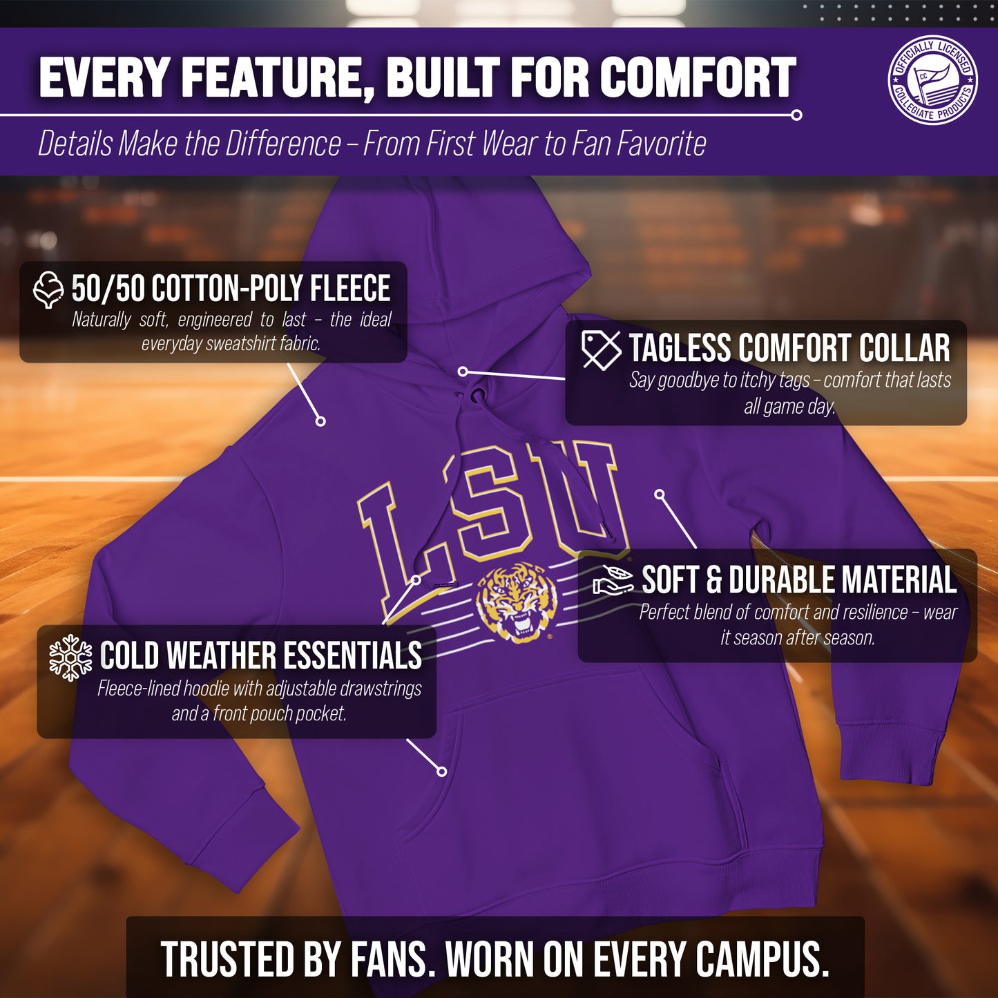 LSU Tigers NCAA Adult Unisex Overtime Classics Hooded Fleece Sweatshirt - Purple