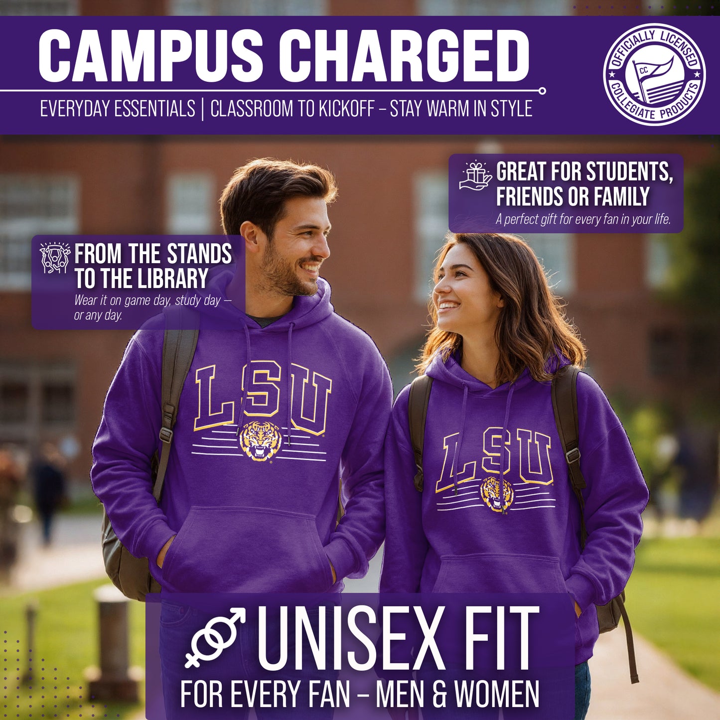 LSU Tigers NCAA Adult Unisex Overtime Classics Hooded Fleece Sweatshirt - Purple