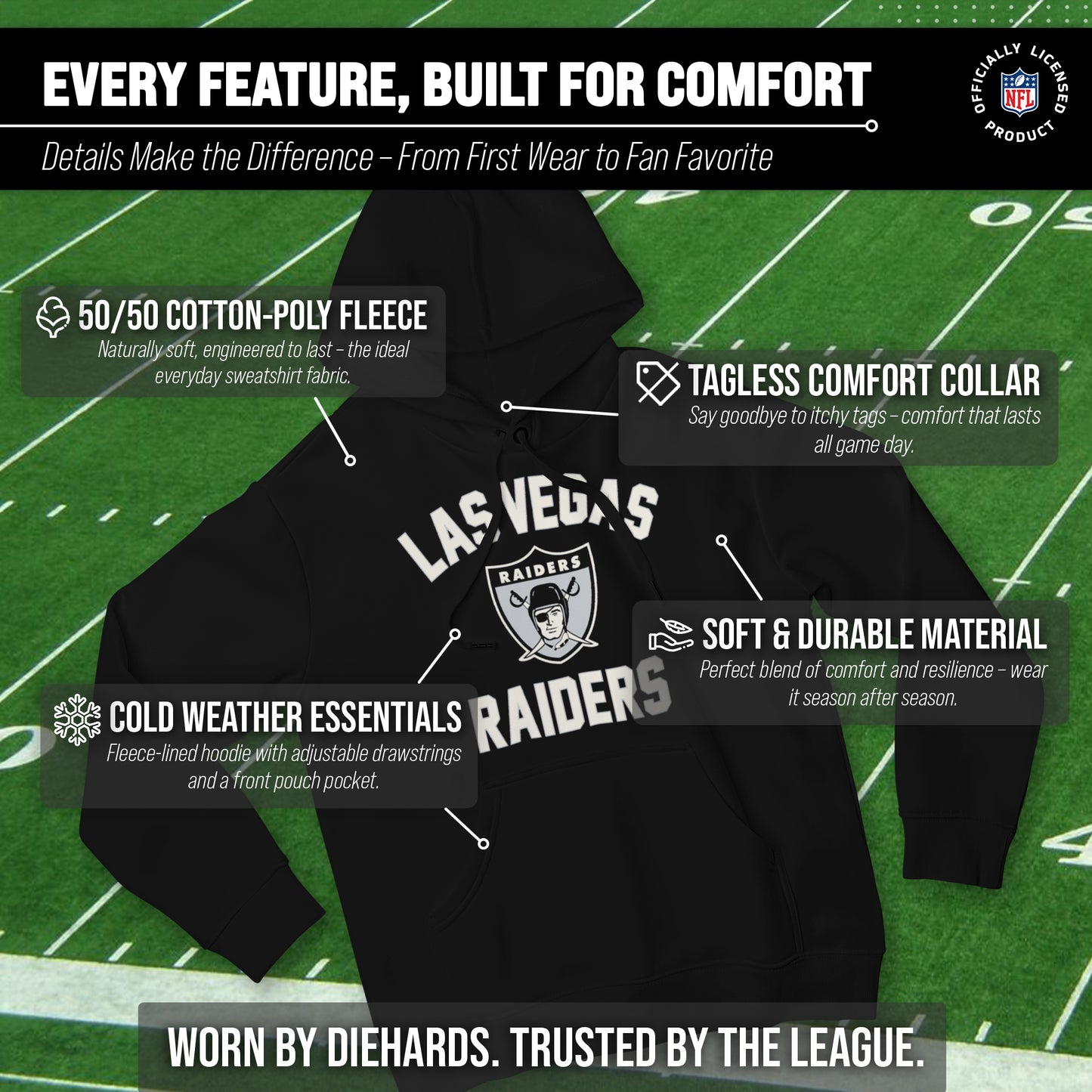 Las Vegas Raiders NFL Adult Unisex Retro Gameday Ultra Soft Fleece Hooded Sweatshirt - Black