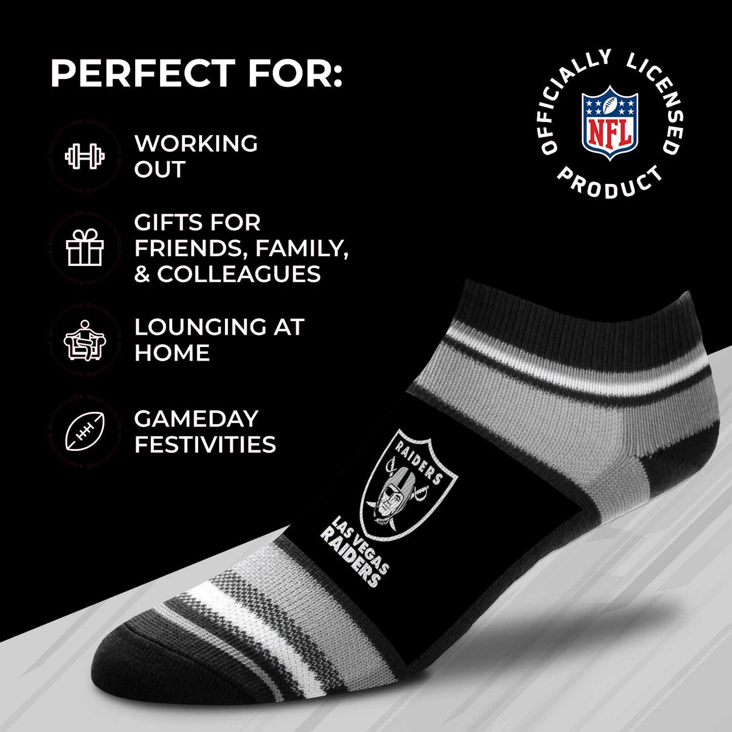 Las Vegas Raiders Adult Marquis Addition No Show Socks - Black