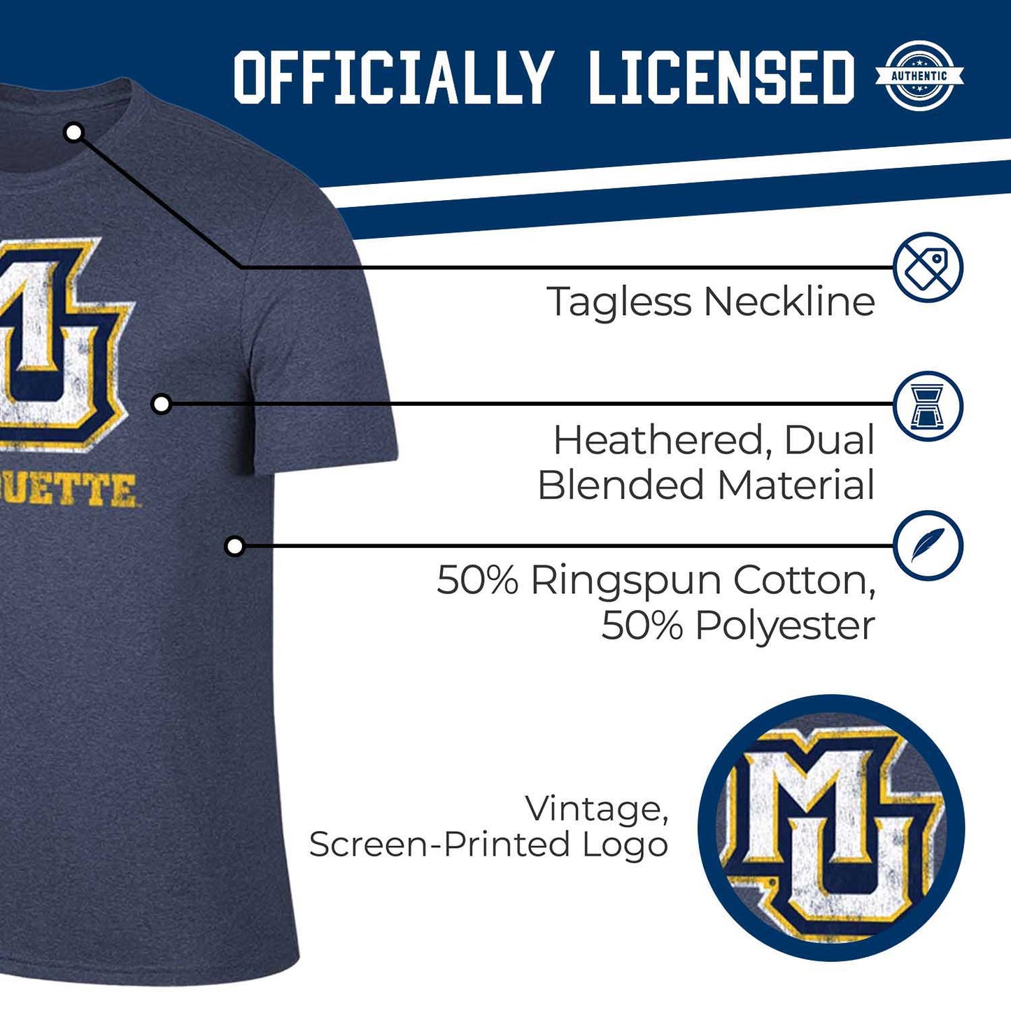 Marquette Golden Eagles Adult MVP Heathered Cotton Blend T-Shirt - Navy