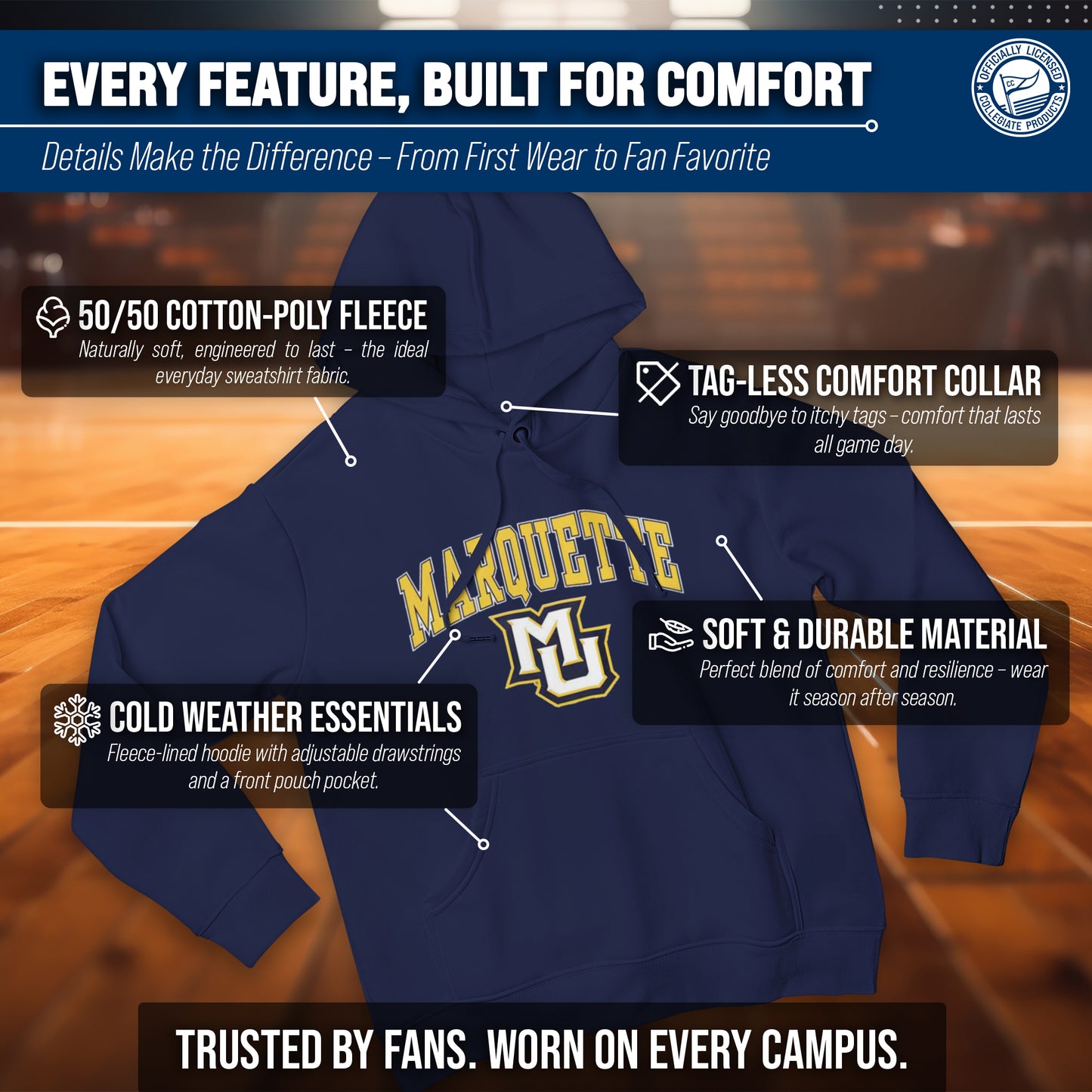 Marquette Golden Eagles Adult Arch & Logo Soft Style Gameday Hooded Sweatshirt - Navy