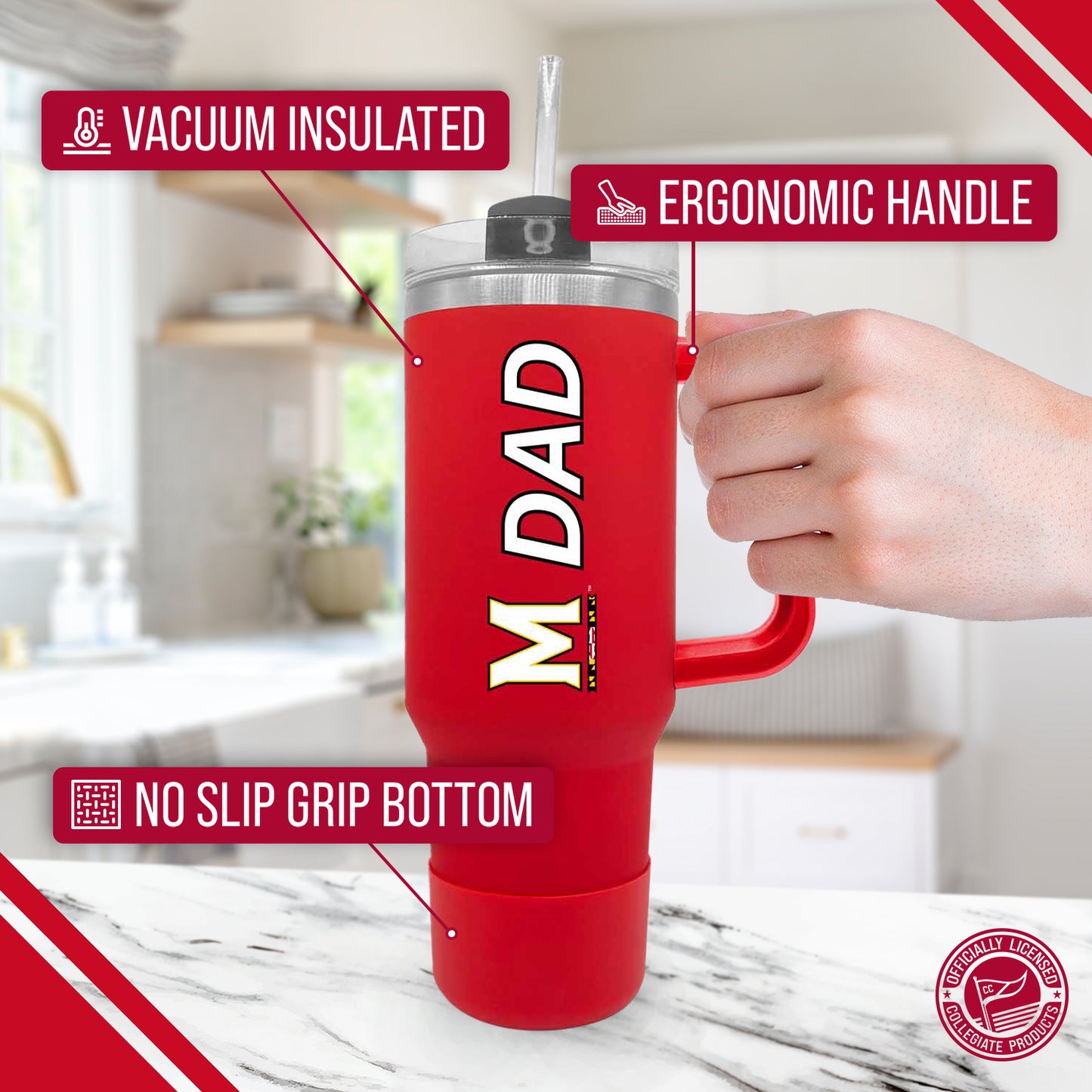 Maryland Terrapins Collegiate 40oz Stainless Steel Travel Tumbler with Handle for Dad - Red
