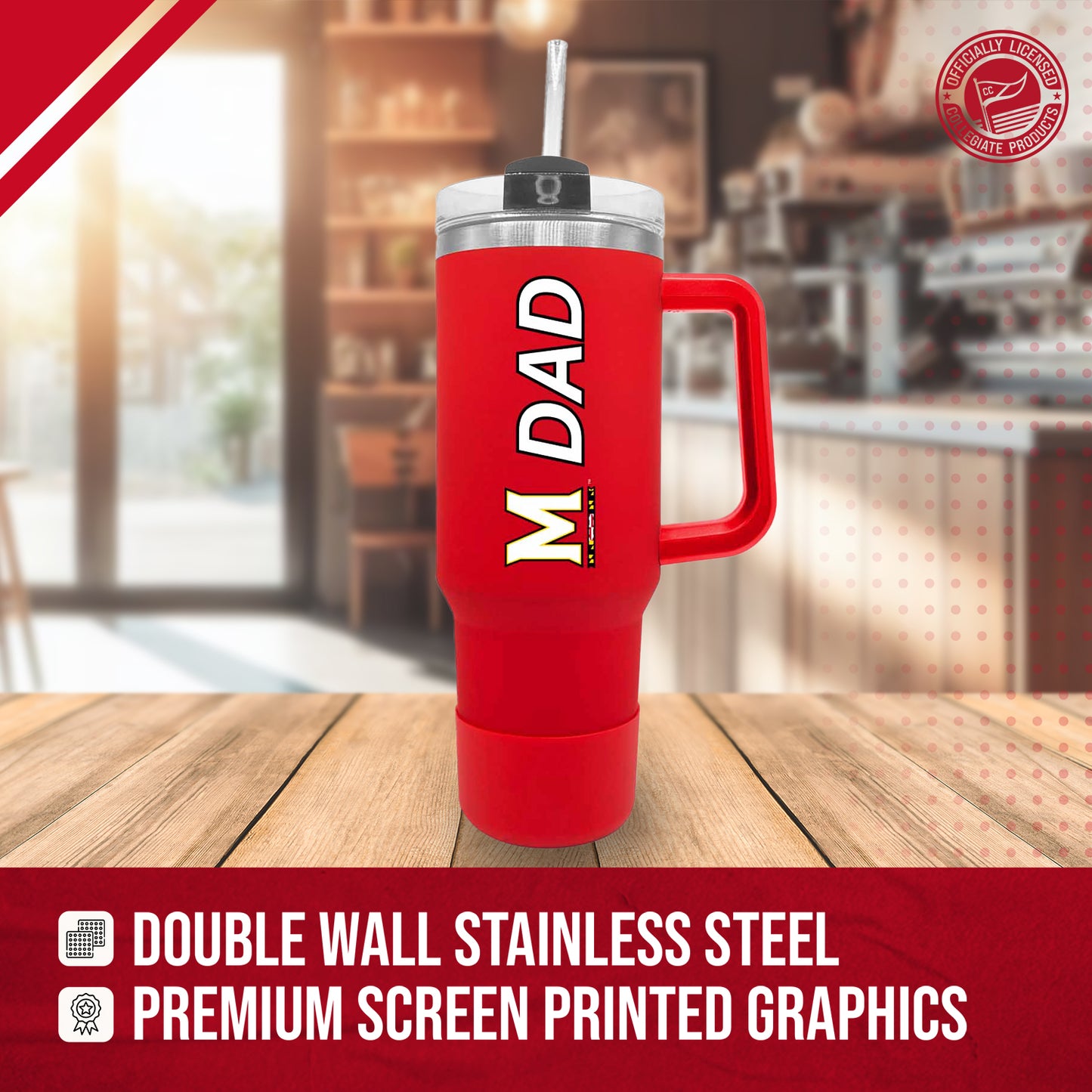 Maryland Terrapins Collegiate 40oz Stainless Steel Travel Tumbler with Handle for Dad - Red