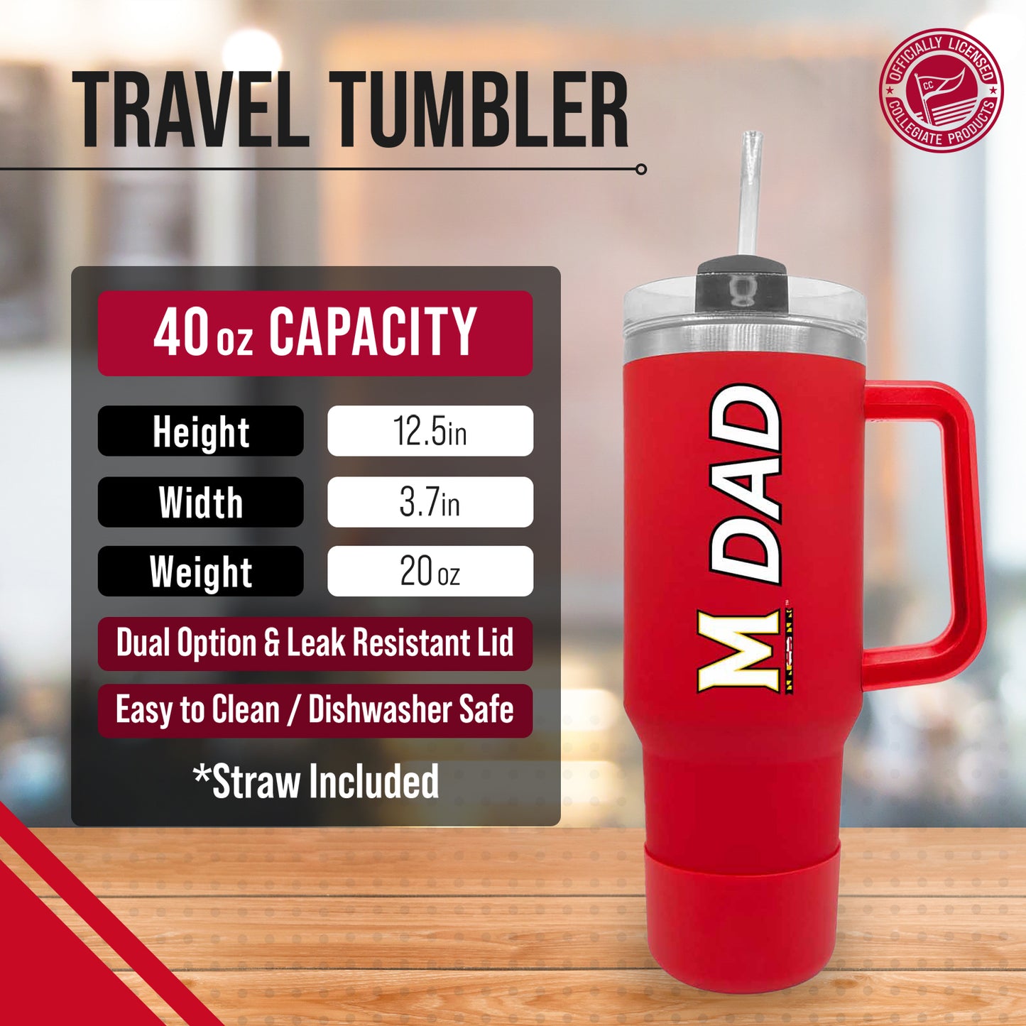 Maryland Terrapins Collegiate 40oz Stainless Steel Travel Tumbler with Handle for Dad - Red