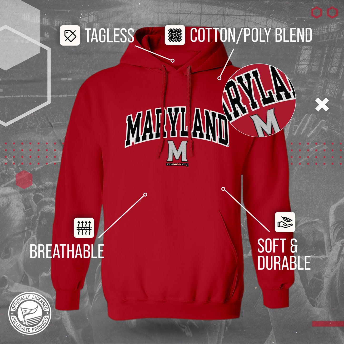 Maryland Terrapins NCAA Adult Tackle Twill Hooded Sweatshirt - Red