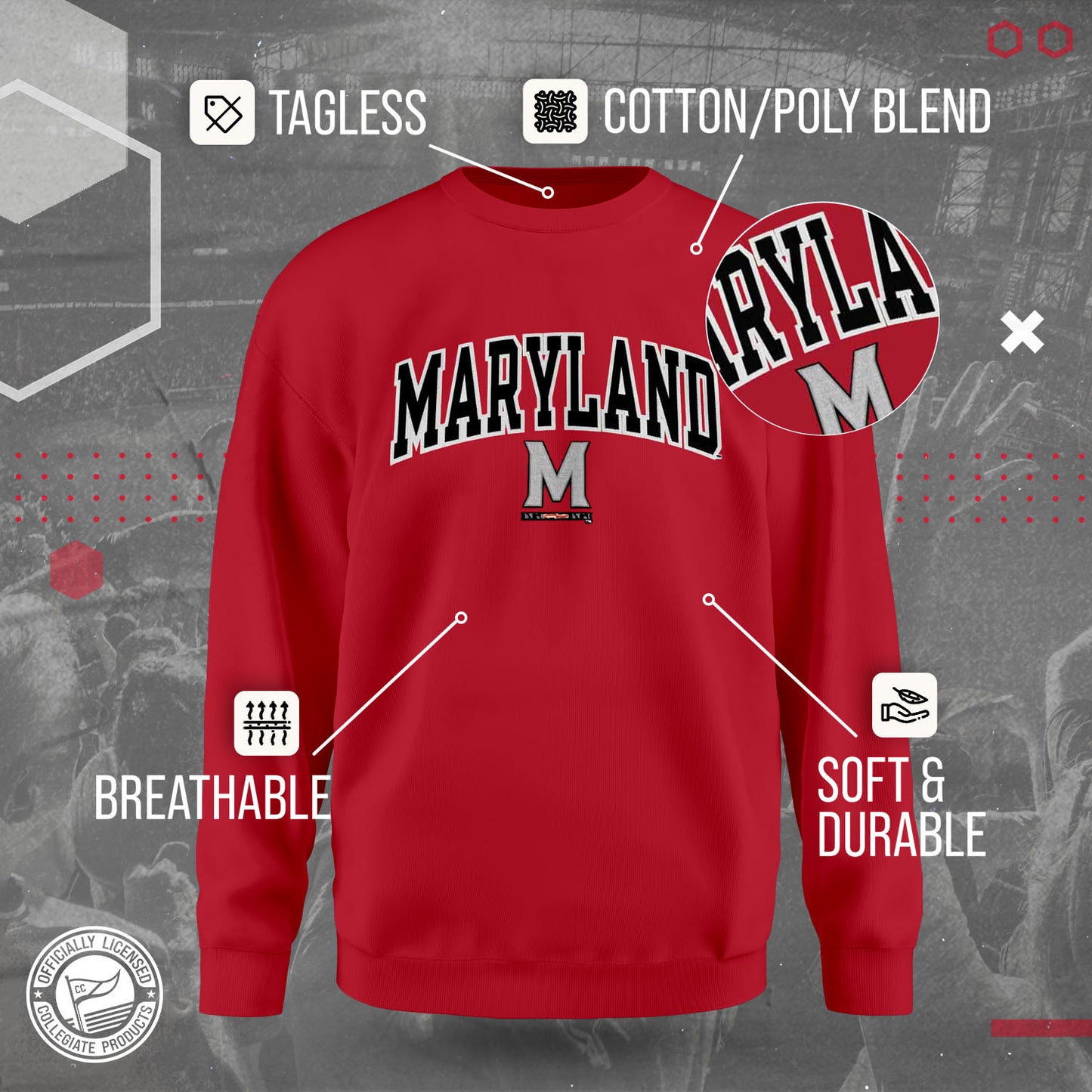 Maryland Terrapins NCAA Adult Tackle Twill Crewneck Sweatshirt - Red