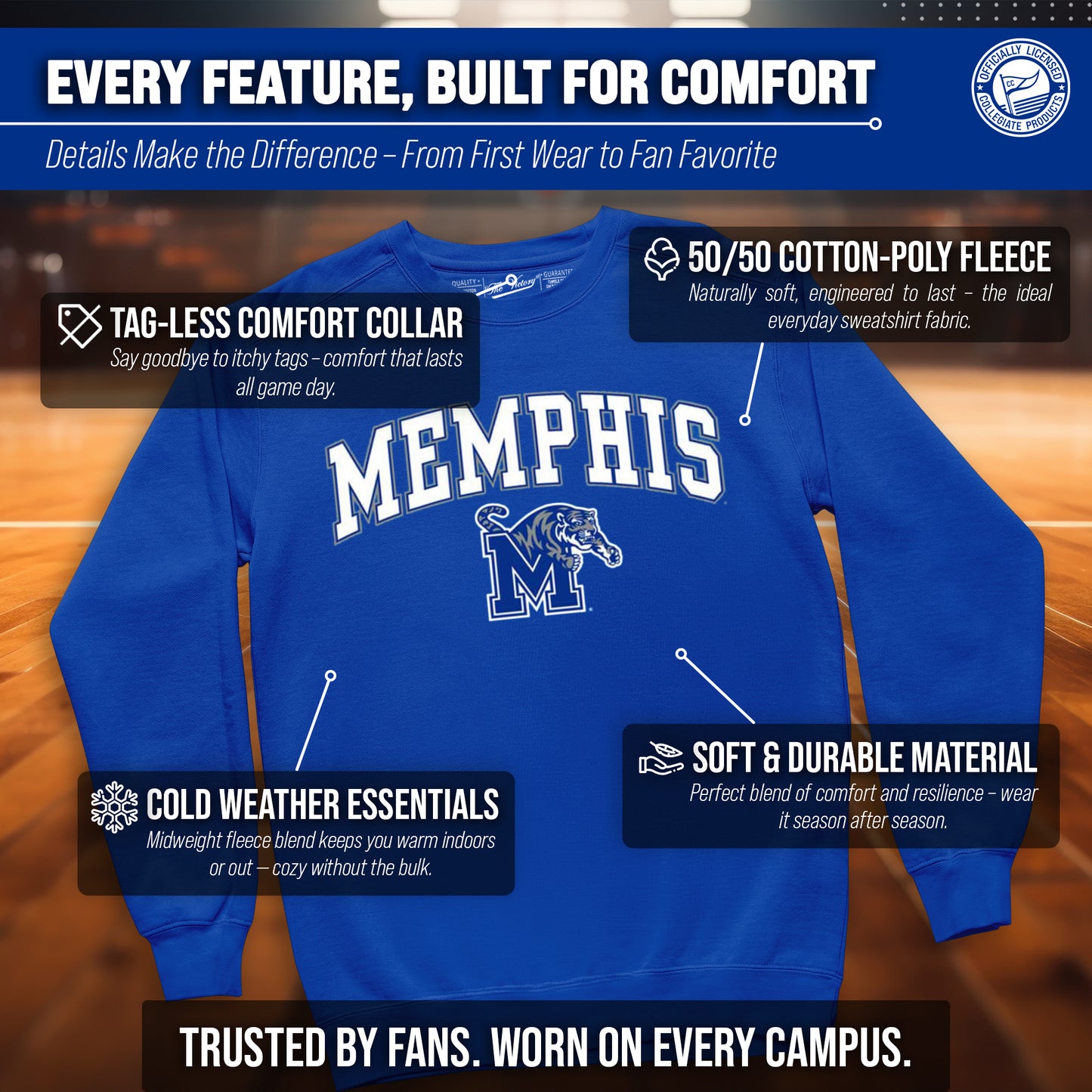 Memphis Tigers Adult Arch & Logo Soft Style Gameday Crewneck Sweatshirt - Royal
