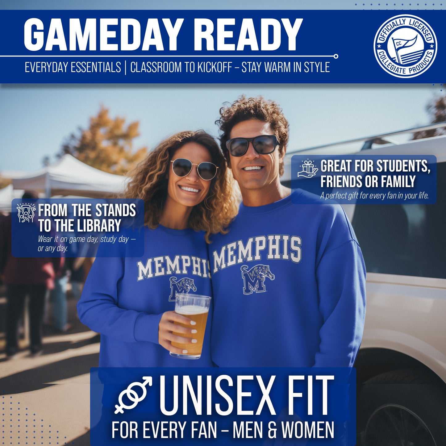 Memphis Tigers Adult Arch & Logo Soft Style Gameday Crewneck Sweatshirt - Royal