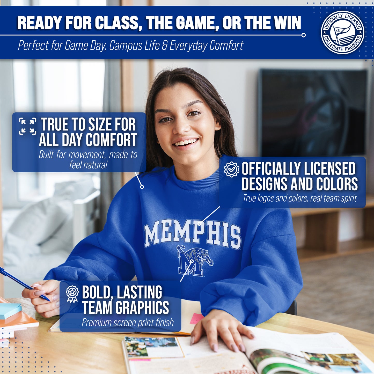 Memphis Tigers Adult Arch & Logo Soft Style Gameday Crewneck Sweatshirt - Royal