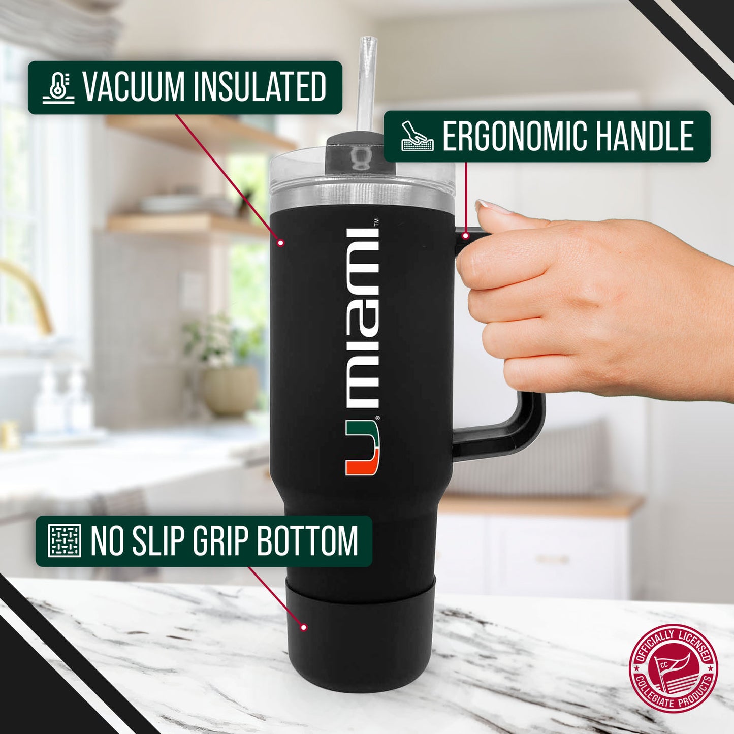 Miami Hurricanes College & University 40 oz Travel Tumbler With Handle - Black