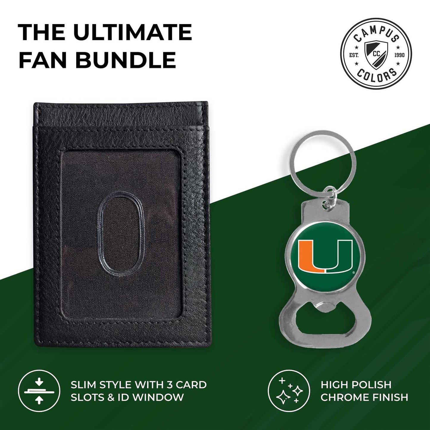 Miami Hurricanes School Logo Leather Card/Cash Holder and Bottle Opener Keychain Bundle - Black