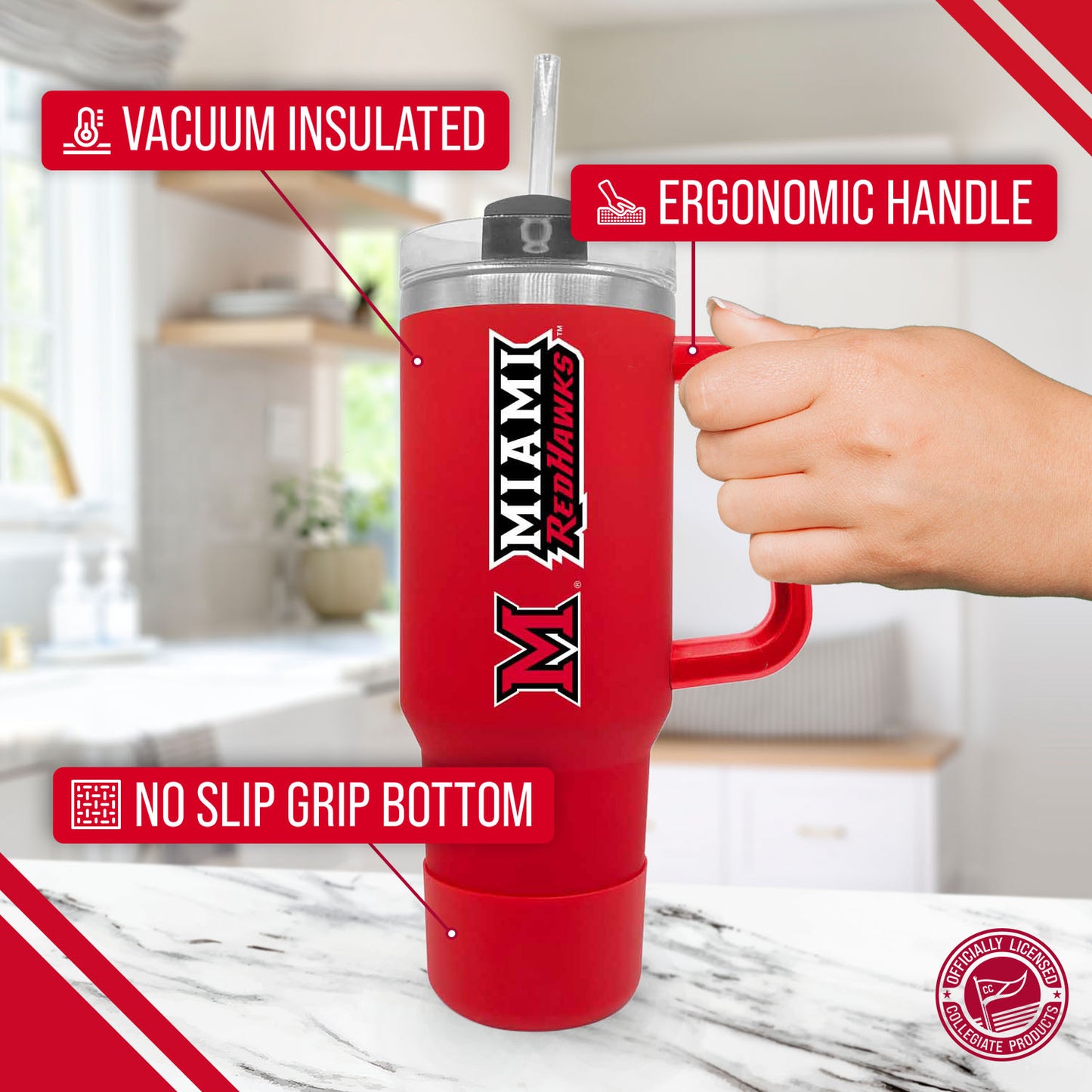Miami Redhawks College & University 40 oz Travel Tumbler With Handle - Red