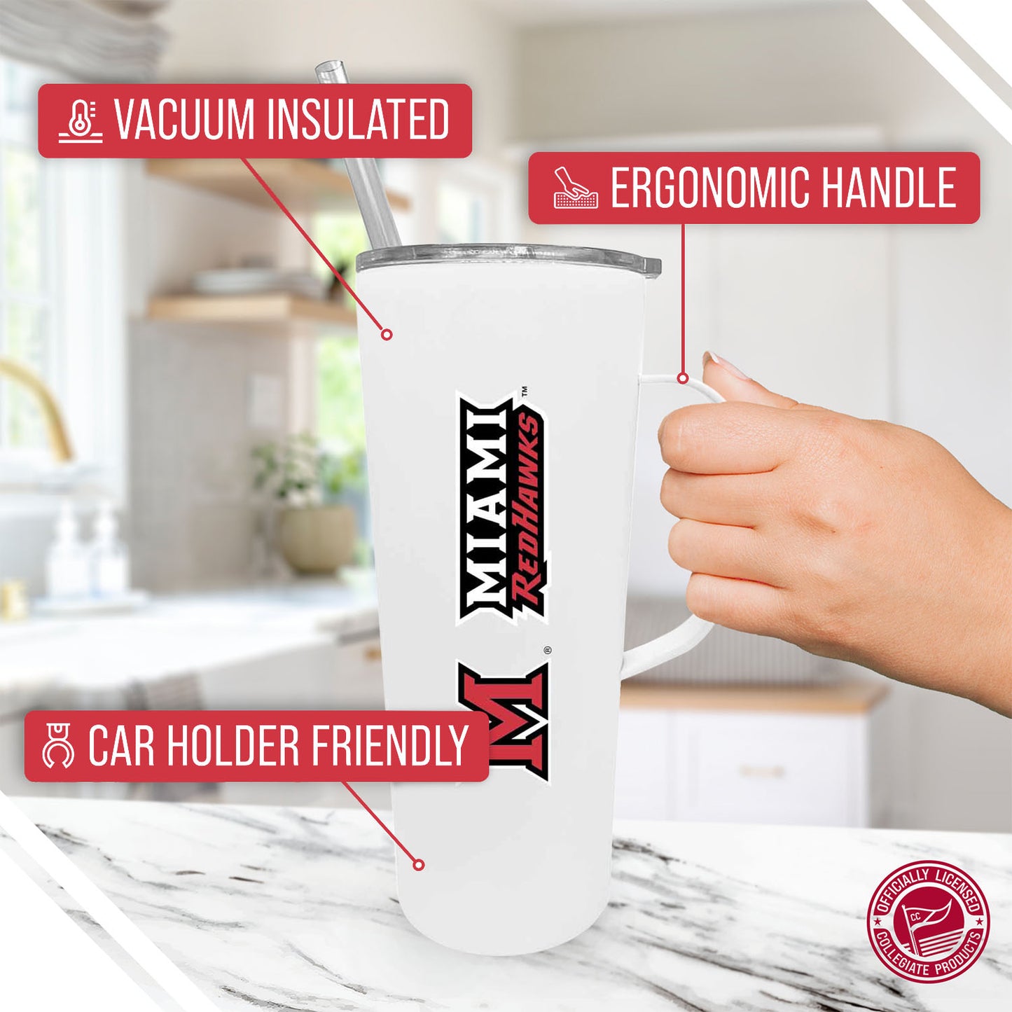 Miami Redhawks NCAA Stainless Steel 20oz Roadie With Handle & Dual Option Lid With Straw - White