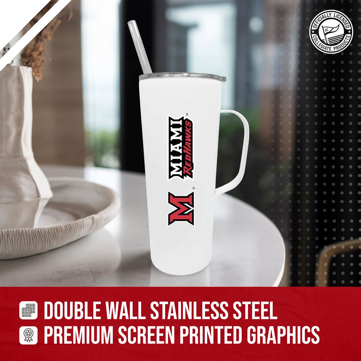 Miami Redhawks NCAA Stainless Steel 20oz Roadie With Handle & Dual Option Lid With Straw - White