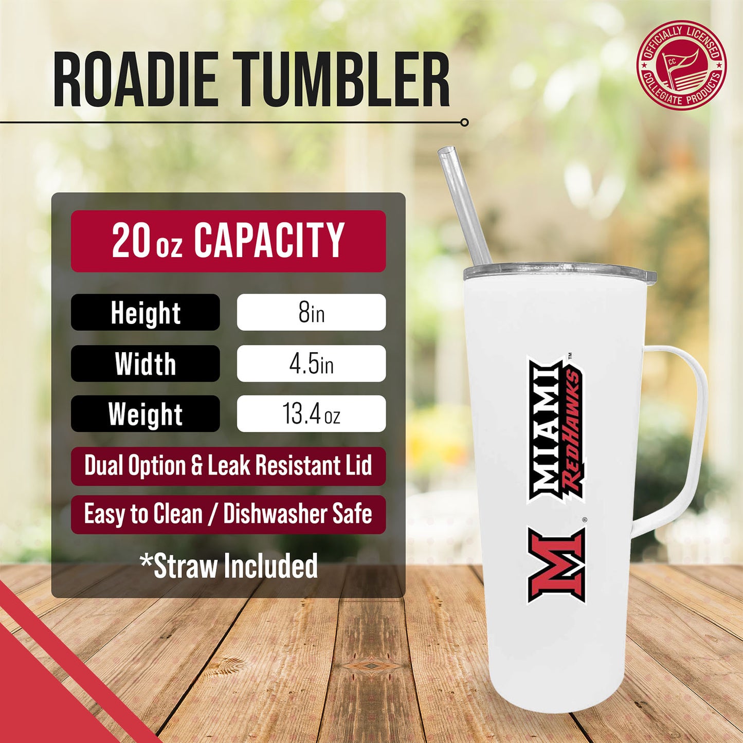 Miami Redhawks NCAA Stainless Steel 20oz Roadie With Handle & Dual Option Lid With Straw - White
