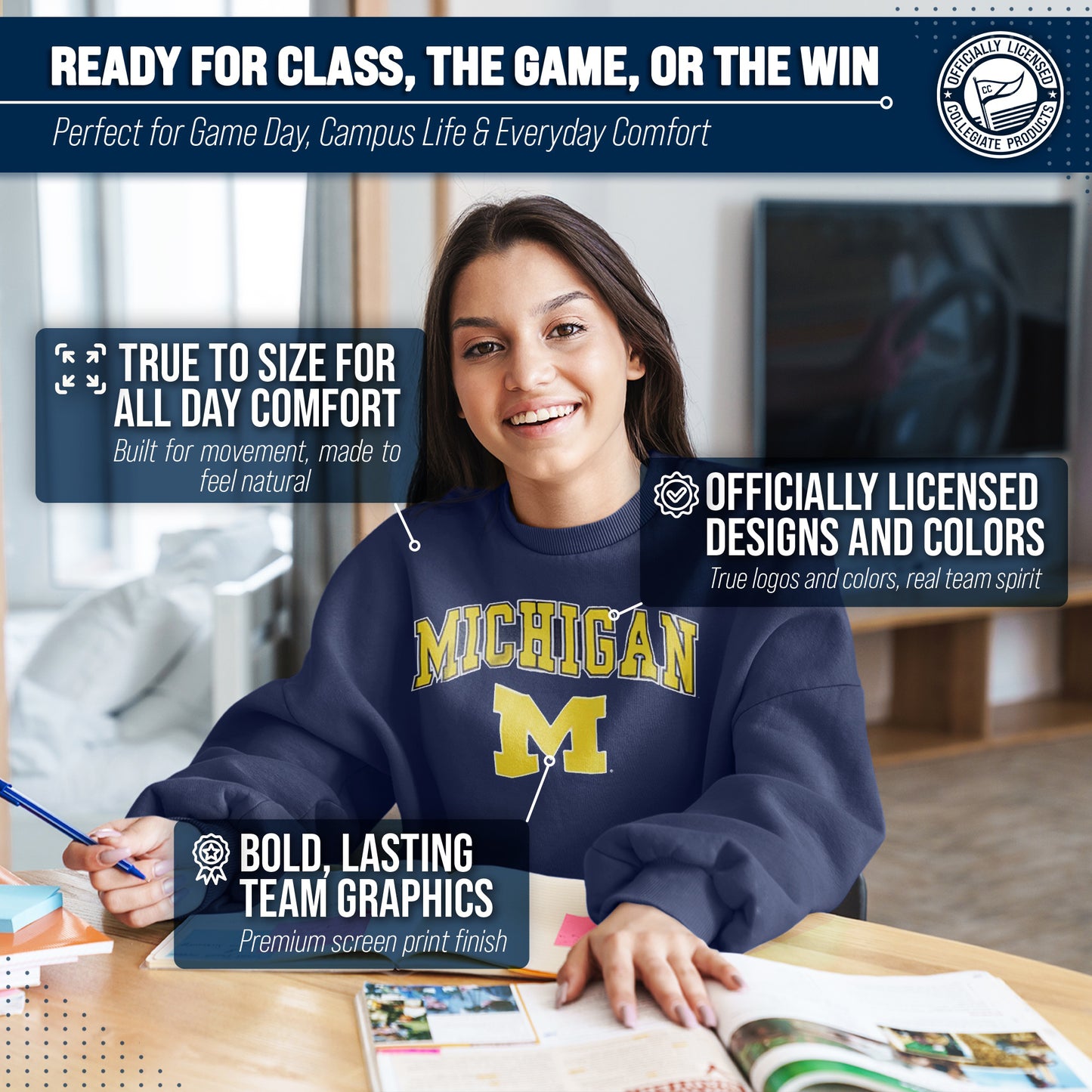 Michigan Wolverines Adult Arch & Logo Soft Style Gameday Crewneck Sweatshirt - Navy